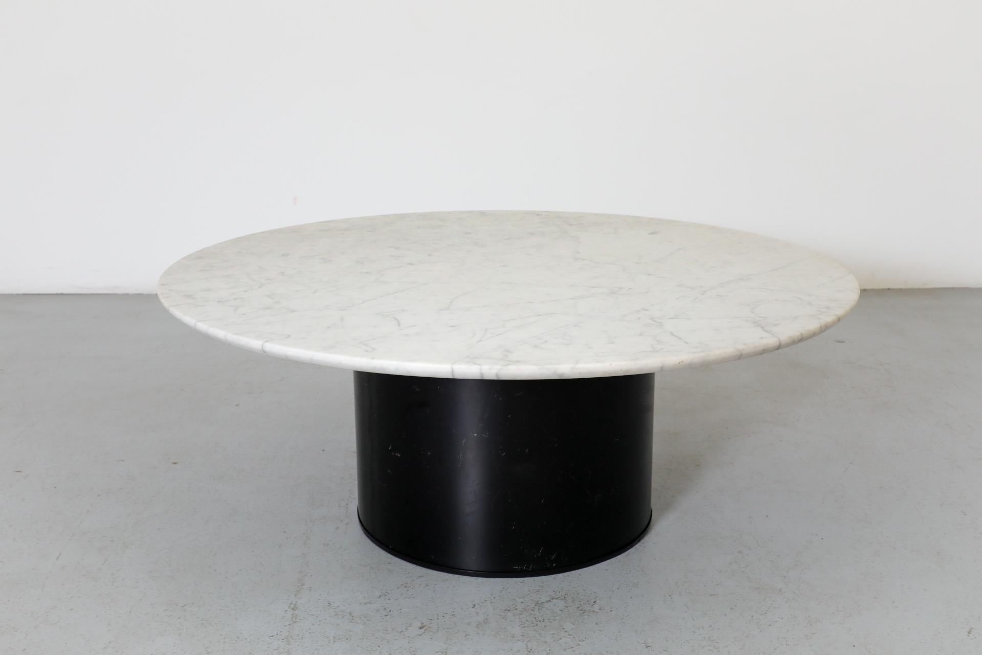 Dutch 1980s Round Metaform Marble Top Coffee Table with Wide Black Enameled Drum Base For Sale