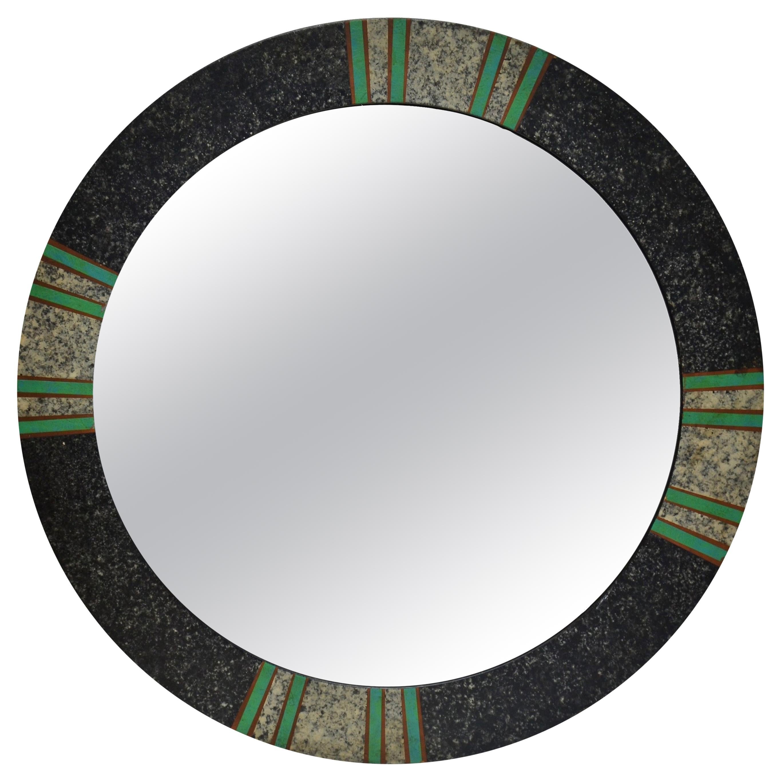 1980s Round Tessellated and Painted Wood Mirror Green and Gray