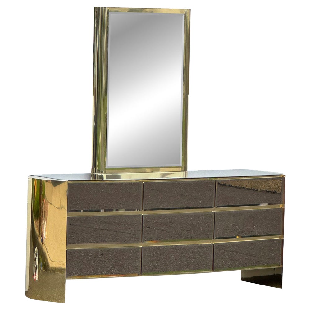 1980 Rounded Brass Ello 9 Drawer Mirrored Front Dresser