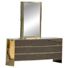 Vintage 1980s Rounded Brass Ello 9 Drawer Mirrored Front Dresser