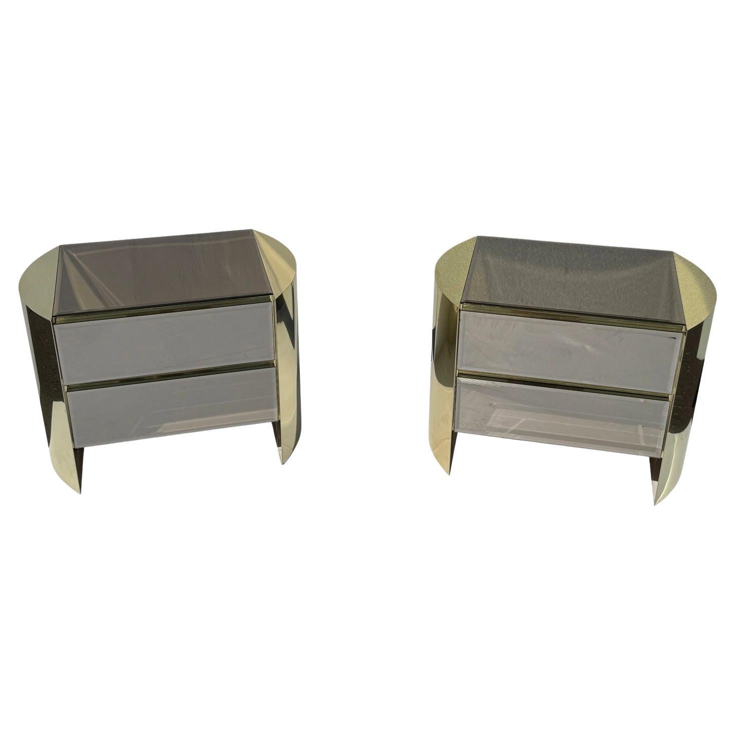 1980s Rounded Brass Mirrored Front Nightstand Side Tables For Sale