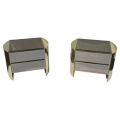 1980s Rounded Brass Mirrored Front Nightstand Side Tables