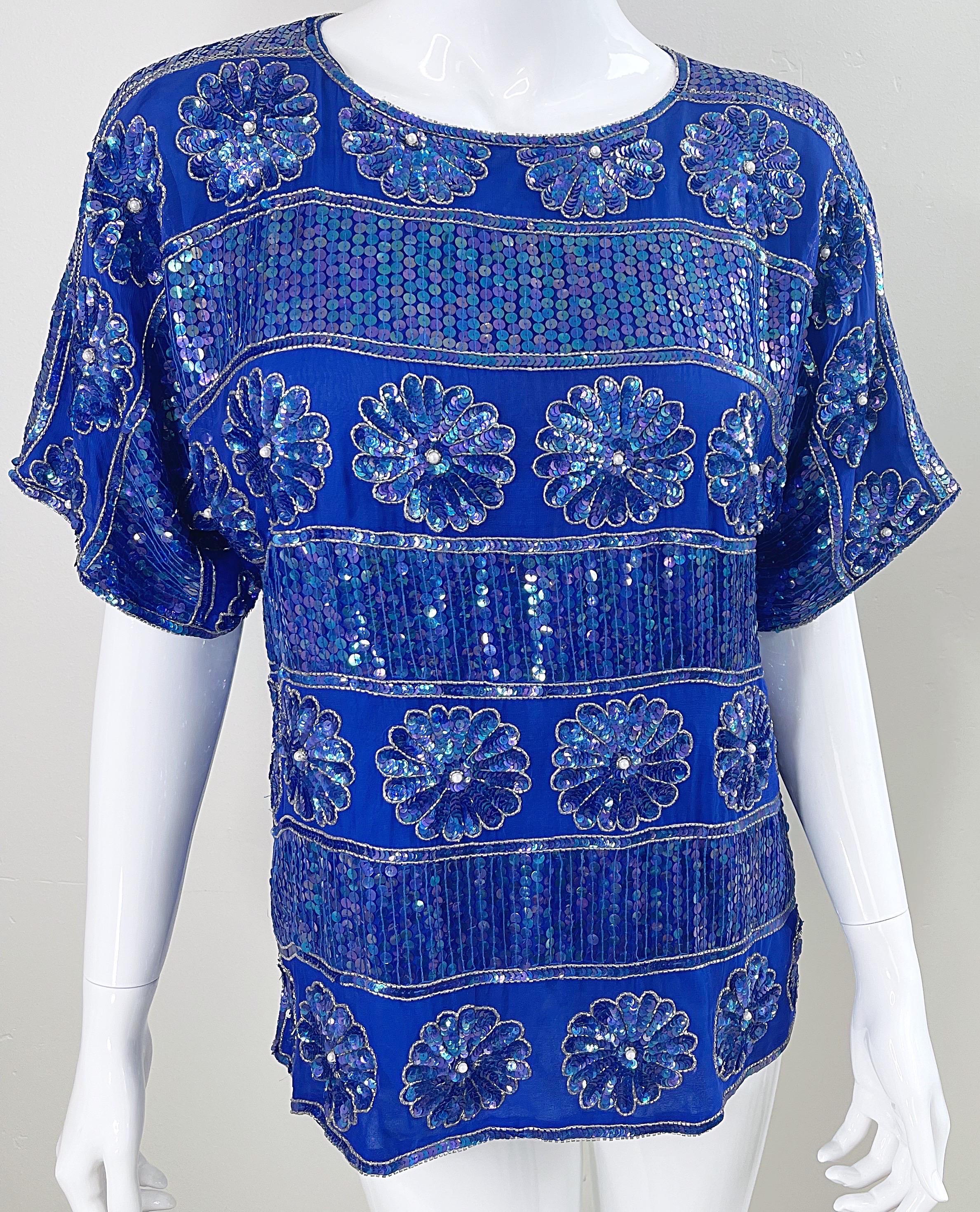 1980s Royal Blue Silk Chiffon Sequin Beaded Pearl Vintage 80s Blouse Shirt Top For Sale 6