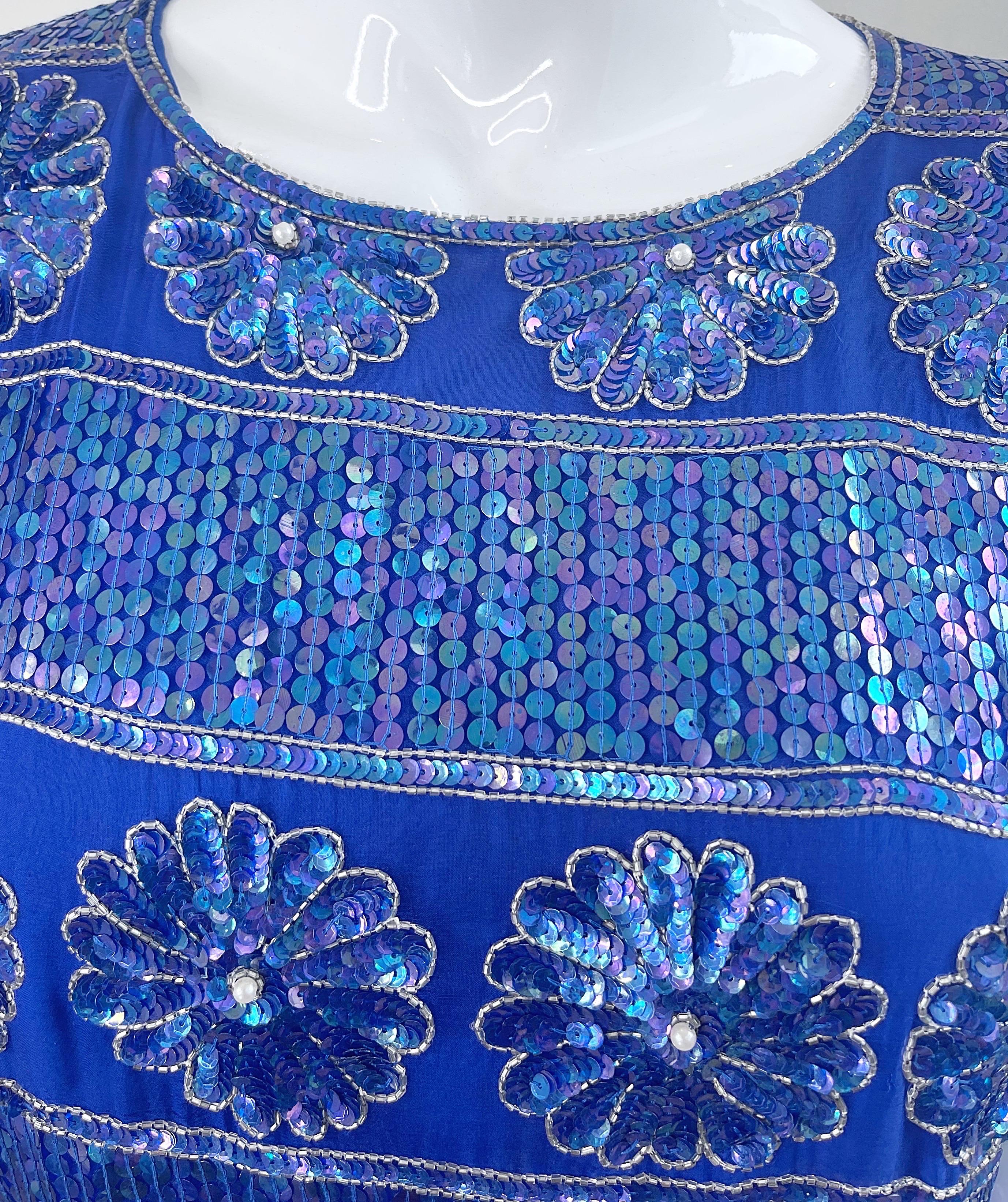 1980s Royal Blue Silk Chiffon Sequin Beaded Pearl Vintage 80s Blouse Shirt Top For Sale 8
