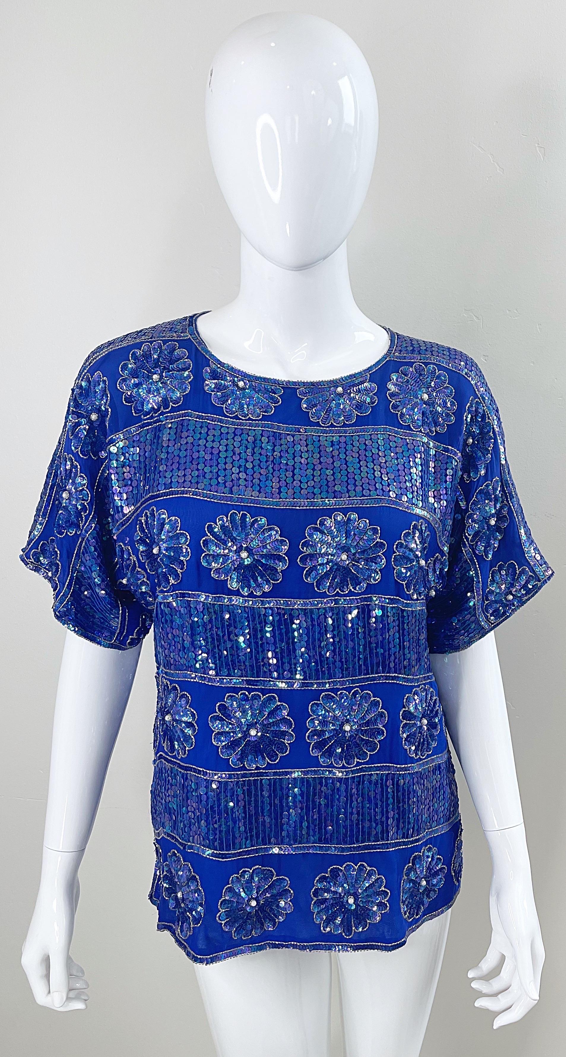 1980s Royal Blue Silk Chiffon Sequin Beaded Pearl Vintage 80s Blouse Shirt Top For Sale 10