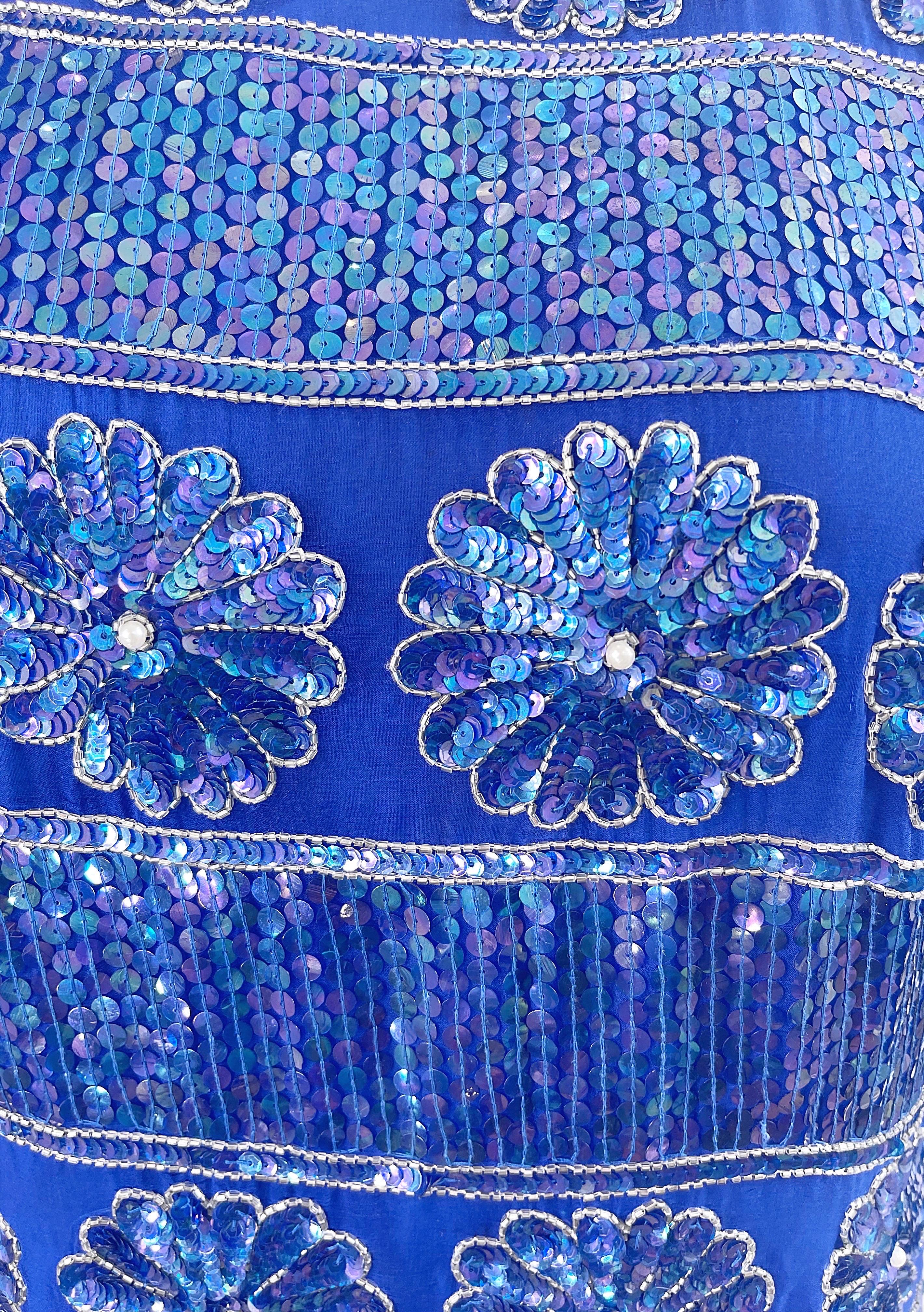 1980s Royal Blue Silk Chiffon Sequin Beaded Pearl Vintage 80s Blouse Shirt Top In Excellent Condition For Sale In San Diego, CA