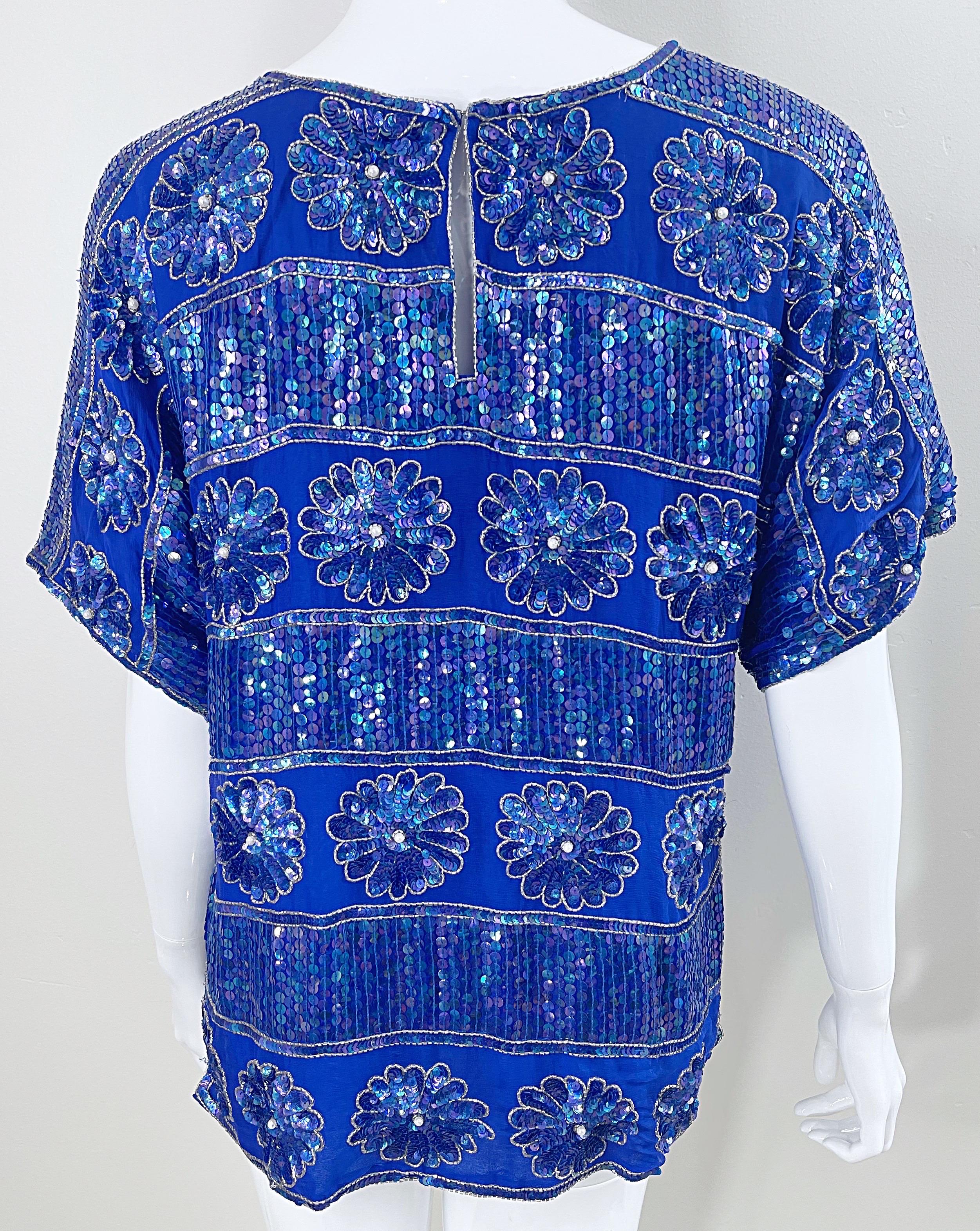 Women's 1980s Royal Blue Silk Chiffon Sequin Beaded Pearl Vintage 80s Blouse Shirt Top For Sale