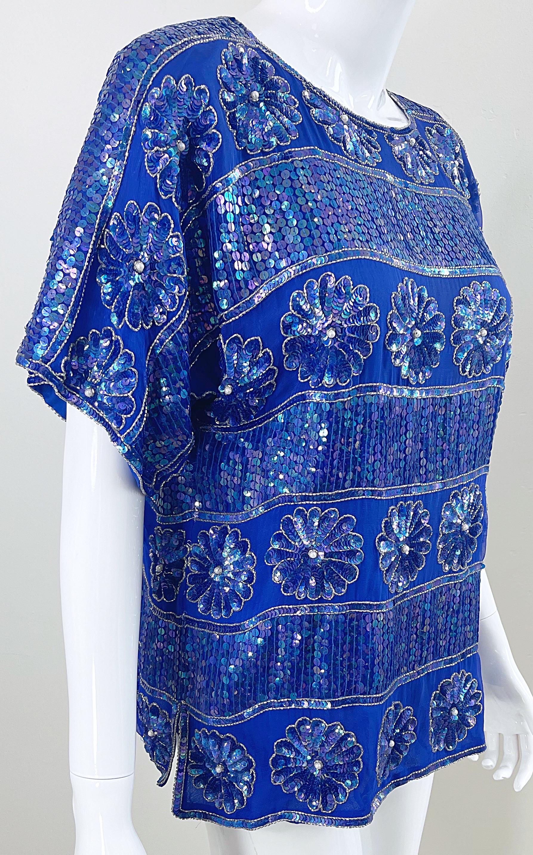 1980s Royal Blue Silk Chiffon Sequin Beaded Pearl Vintage 80s Blouse Shirt Top For Sale 1