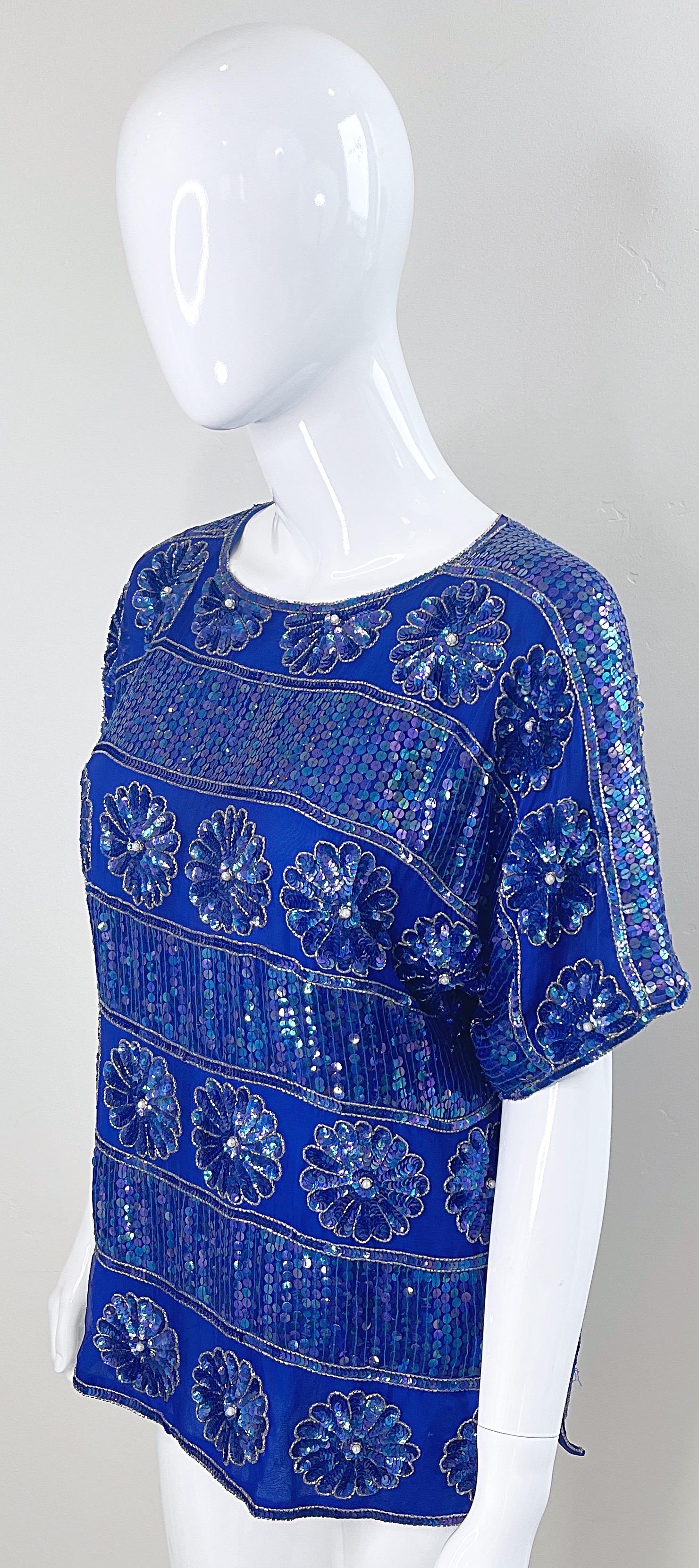 1980s Royal Blue Silk Chiffon Sequin Beaded Pearl Vintage 80s Blouse Shirt Top For Sale 2