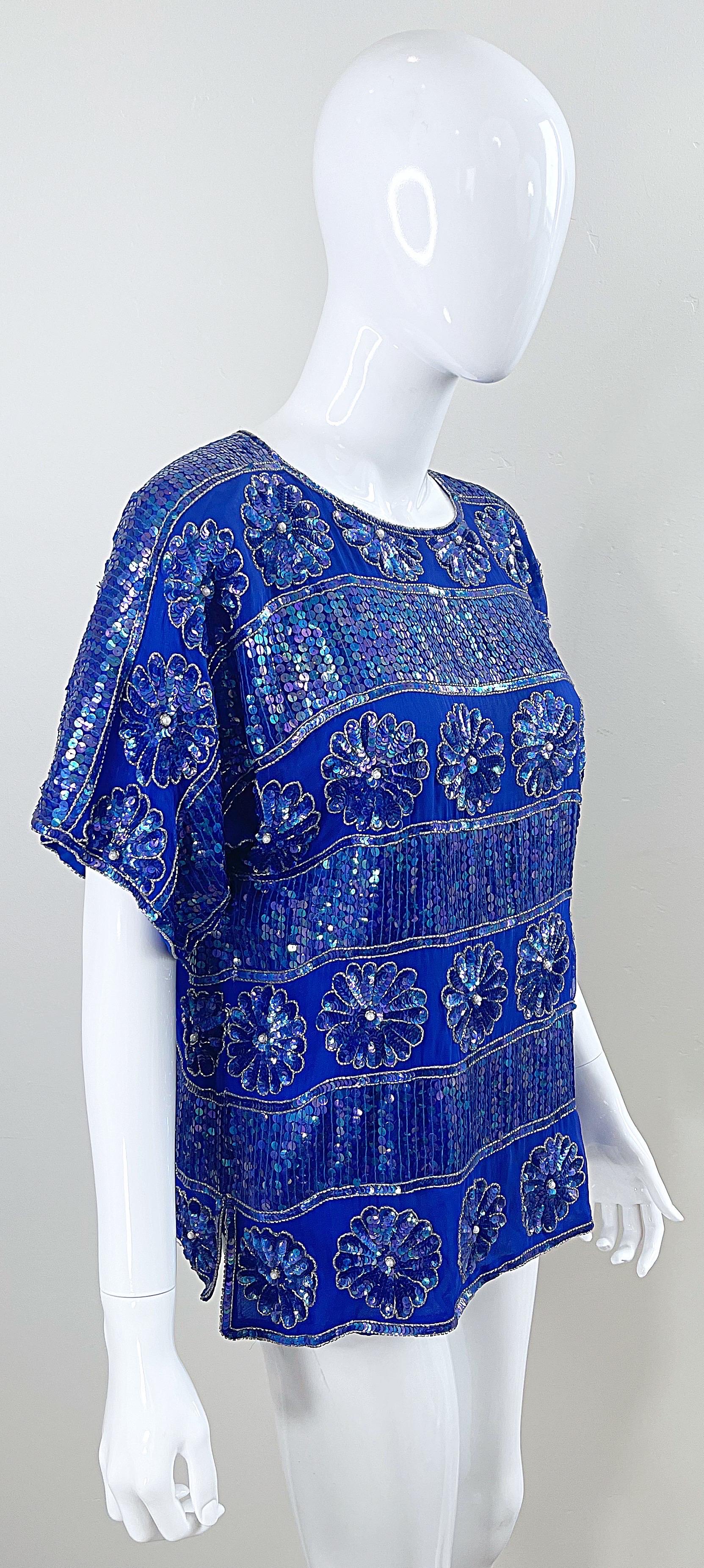 1980s Royal Blue Silk Chiffon Sequin Beaded Pearl Vintage 80s Blouse Shirt Top For Sale 3