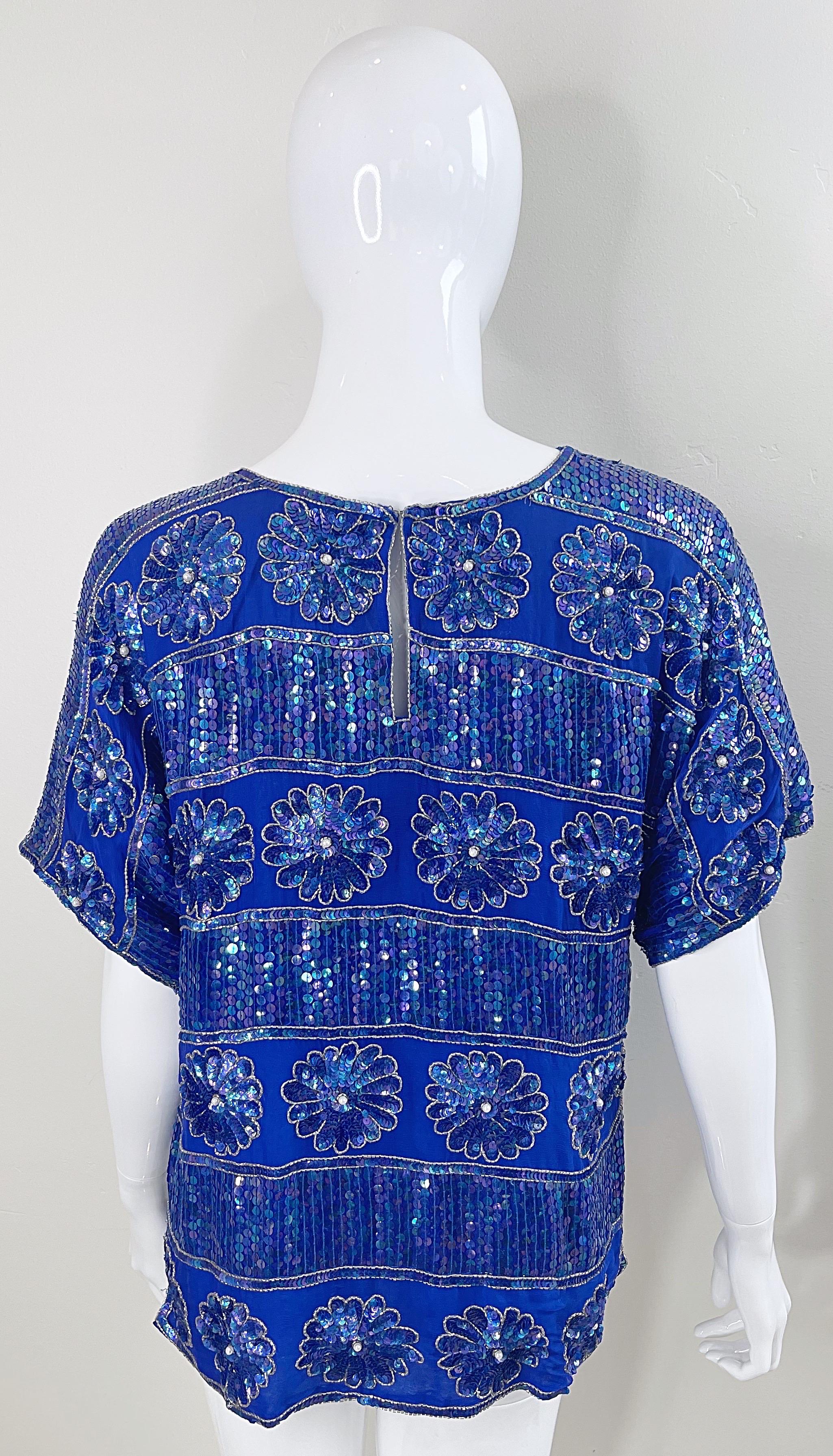 1980s Royal Blue Silk Chiffon Sequin Beaded Pearl Vintage 80s Blouse Shirt Top For Sale 4
