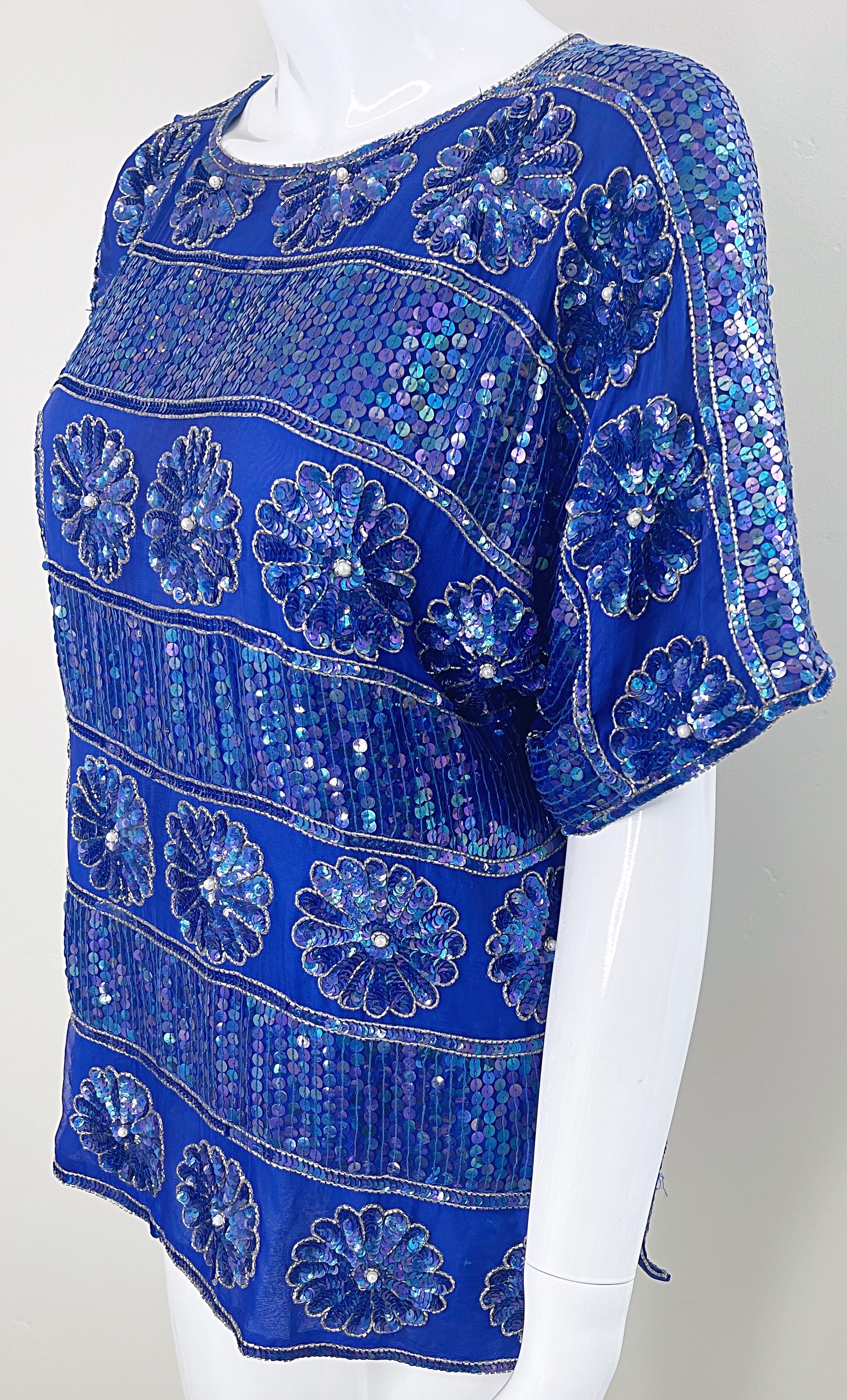 1980s Royal Blue Silk Chiffon Sequin Beaded Pearl Vintage 80s Blouse Shirt Top For Sale 5