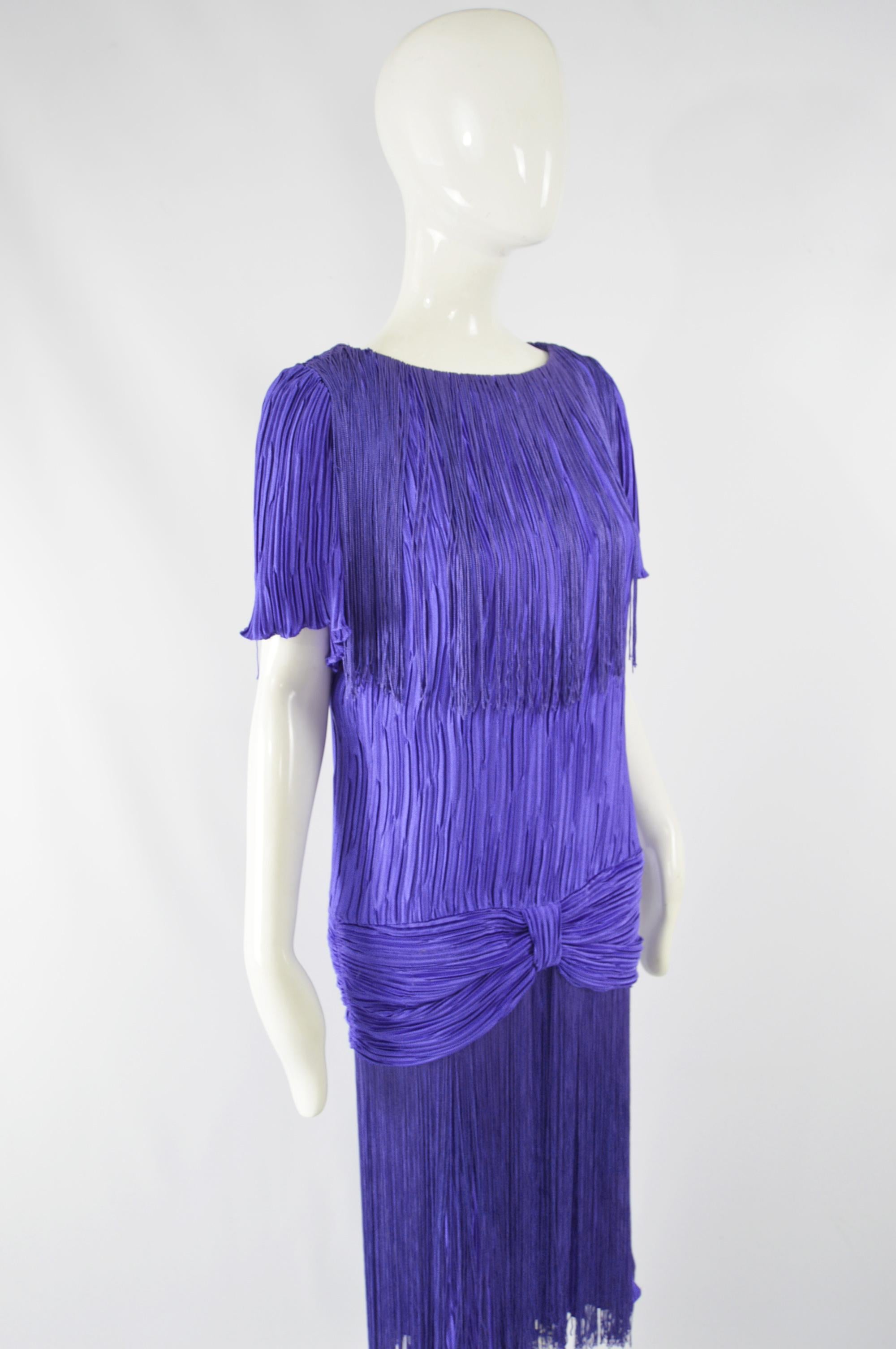 1980s Royal Blue Vintage Pleated & Fringed Dress In Excellent Condition In Doncaster, South Yorkshire