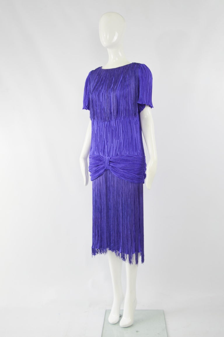1980s Royal Blue Vintage Pleated and Fringed Dress For Sale at 1stDibs