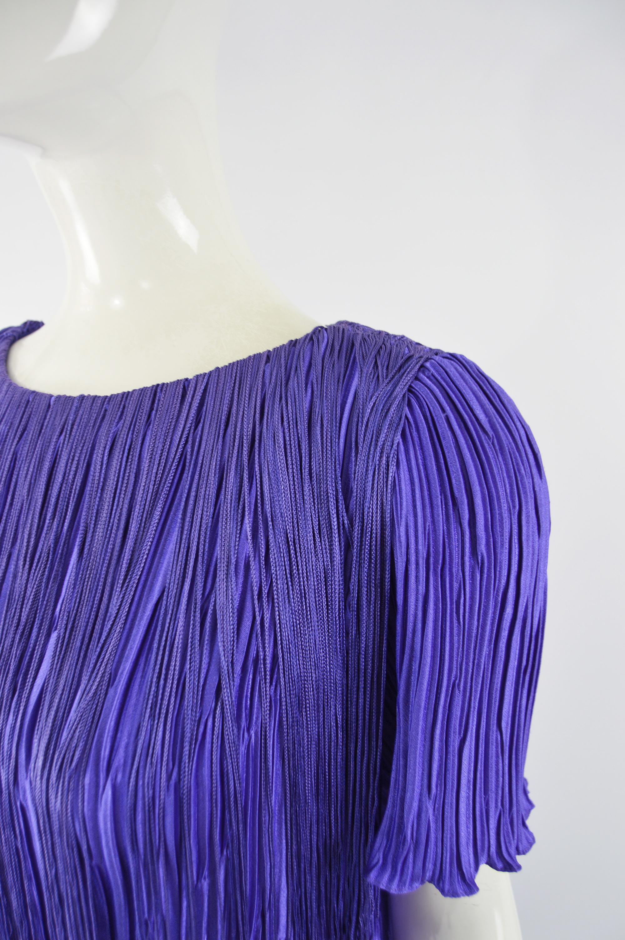 1980s Royal Blue Vintage Pleated & Fringed Dress 2