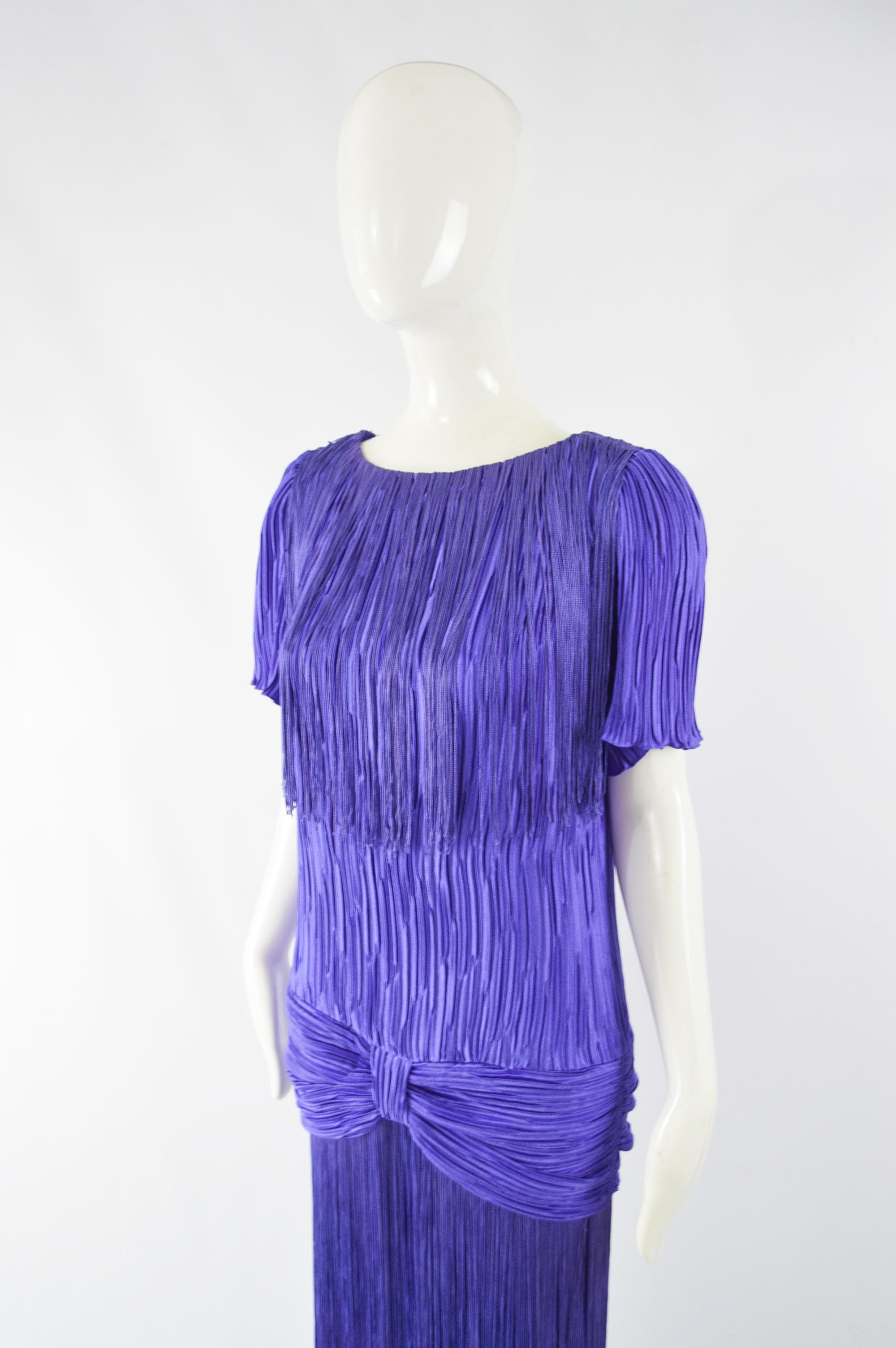 1980s Royal Blue Vintage Pleated & Fringed Dress 3