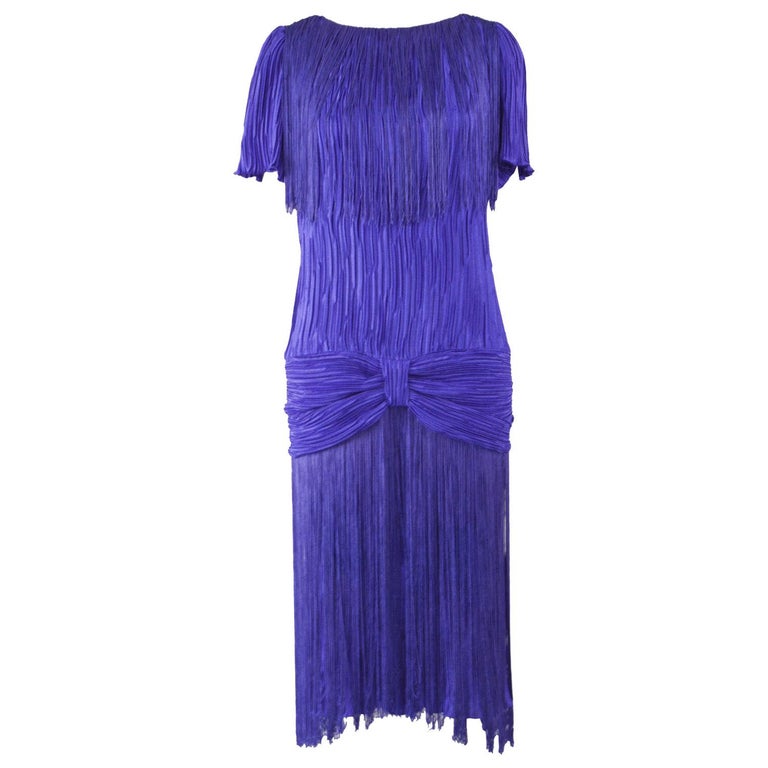 1980s Royal Blue Vintage Pleated and Fringed Dress For Sale at 1stDibs