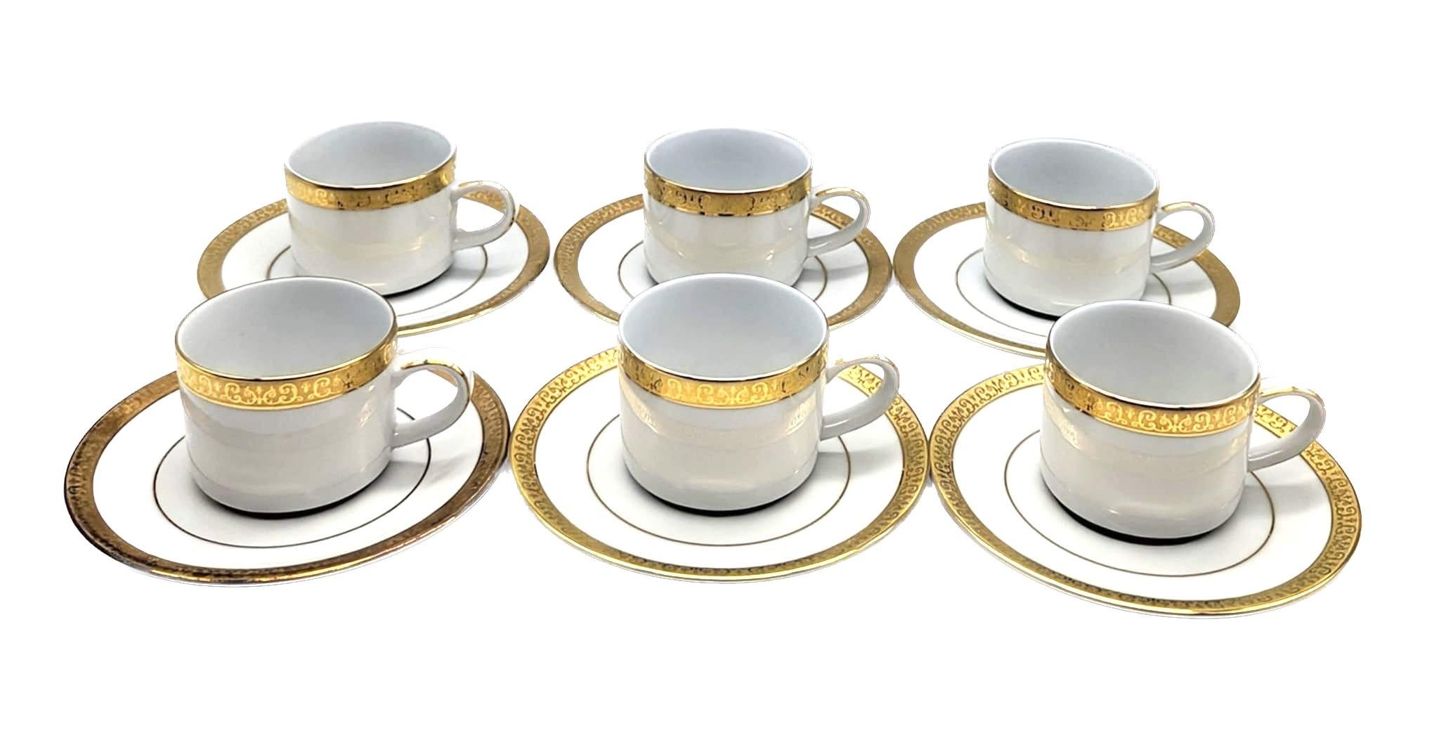 1980er Royal Gallery Gold Buffet Tassen und Untertassen, Satz von 6 (12 Pieces) (Internationaler Stil) im Angebot