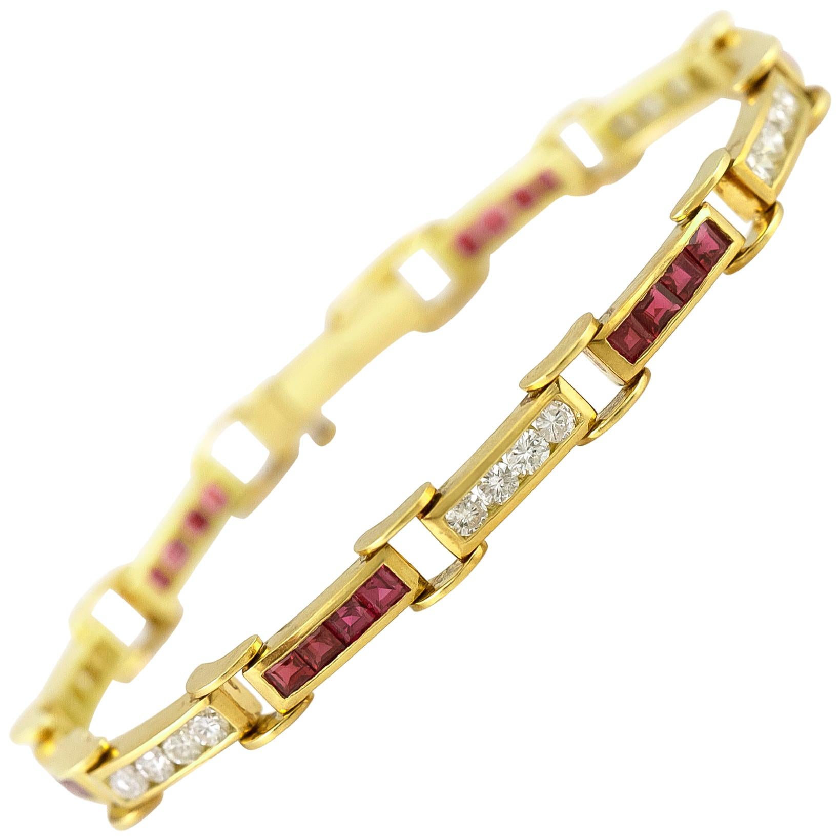 1980s Ruby and Diamond Links Braceclet For Sale