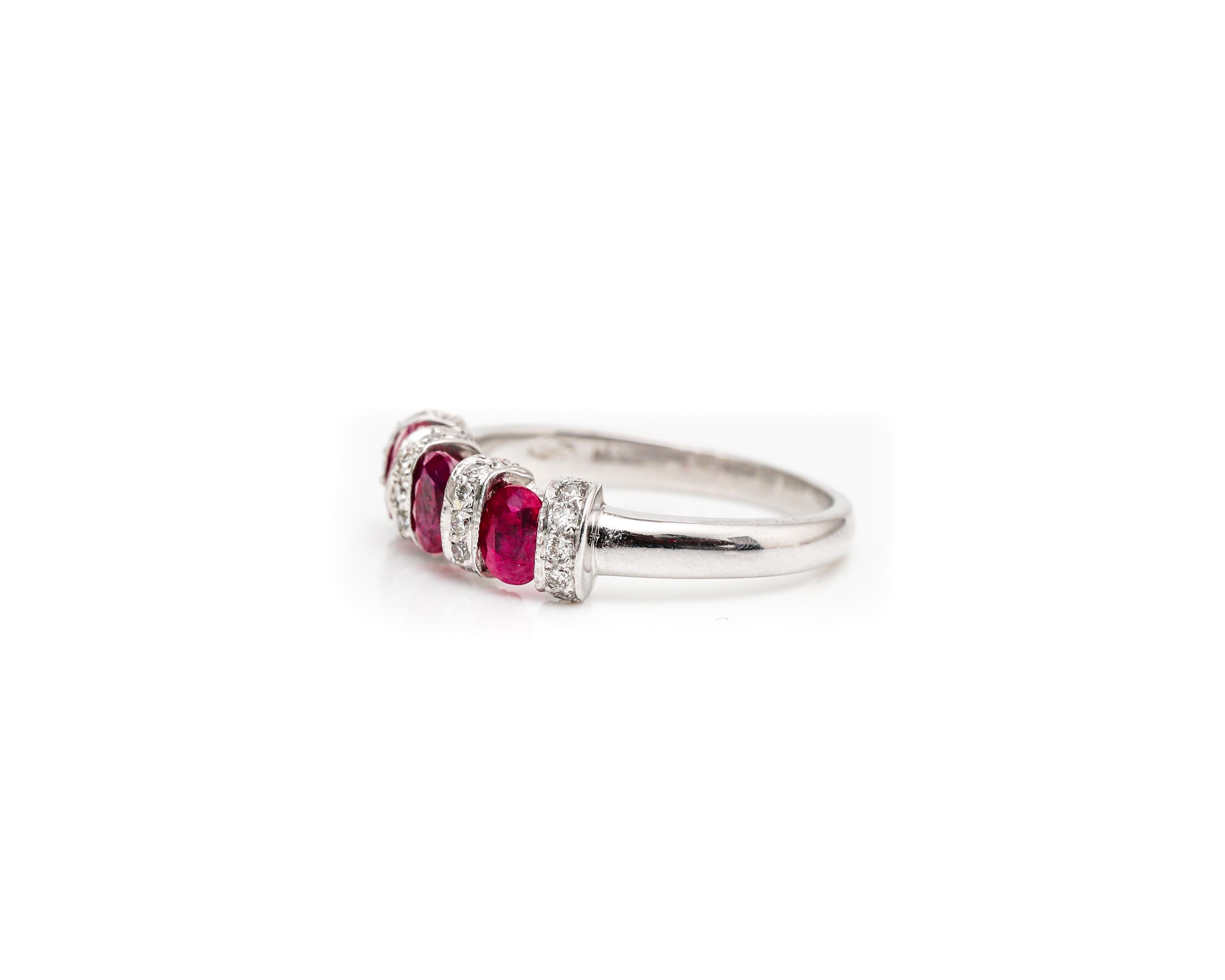 Oval Cut 1980s Ruby and Diamond Ring in 18 Karat White Gold For Sale