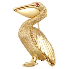 Vintage 1980s Ruby and Yellow Gold Pelican Brooch