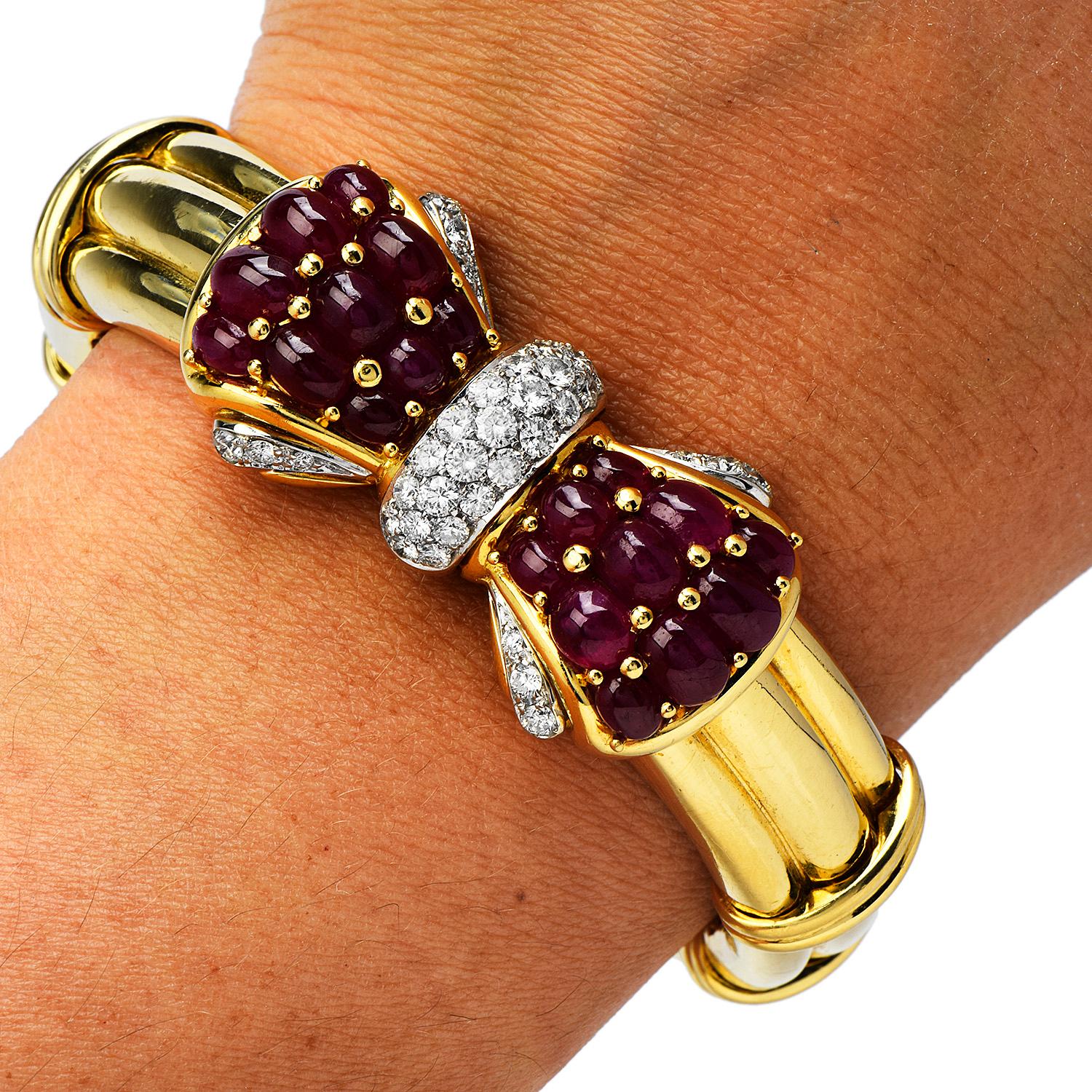 Women's 1980's Ruby Diamond 18K Gold Bow Cuff Bangle Bracelet For Sale