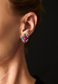 1980s Ruby, Diamond and emerald 18kt gold earrings.