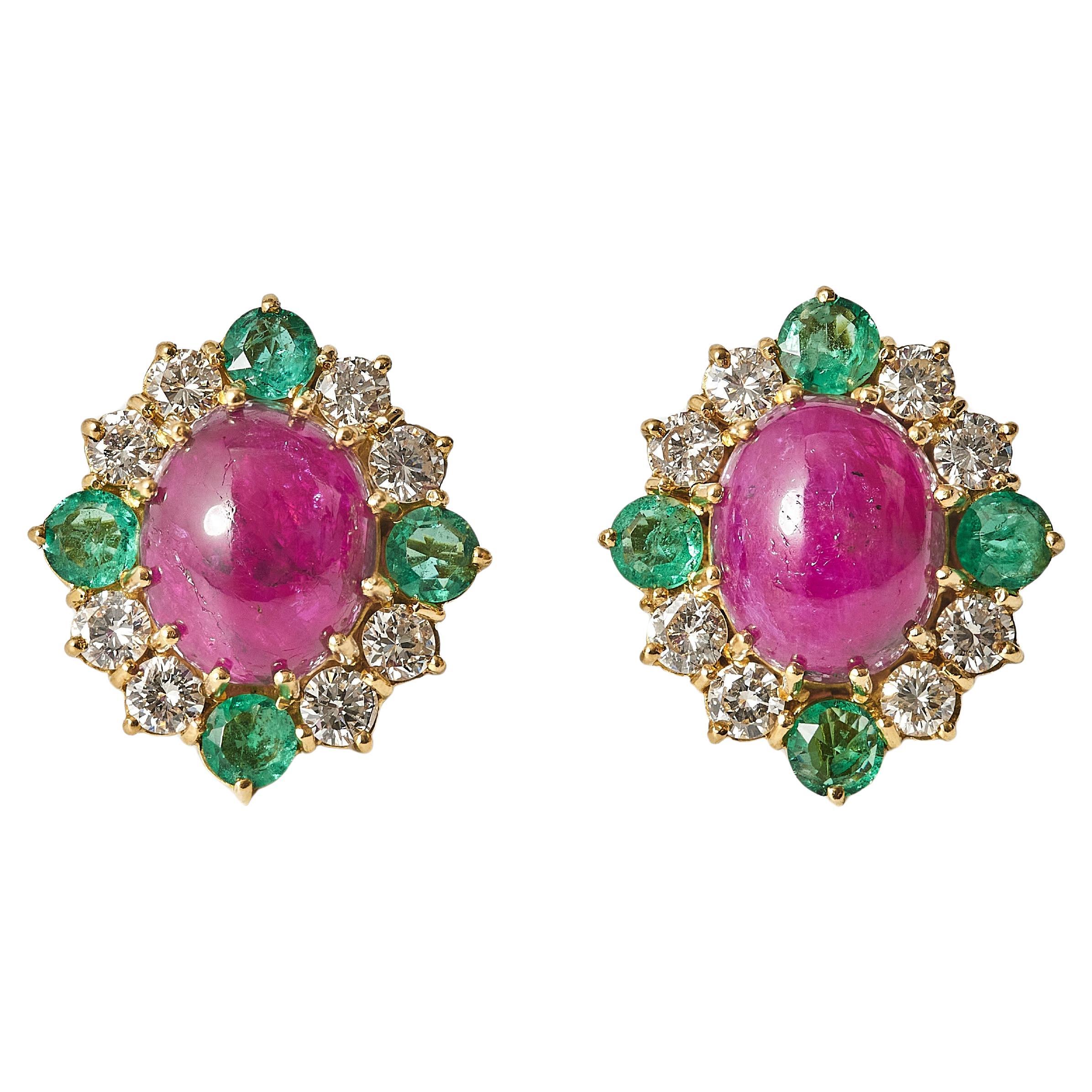 1980s Ruby, Diamond and Emerald Gold Earrings.