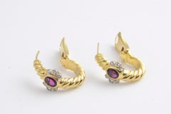 1980s Ruby Diamond Gold Hoop Earrings