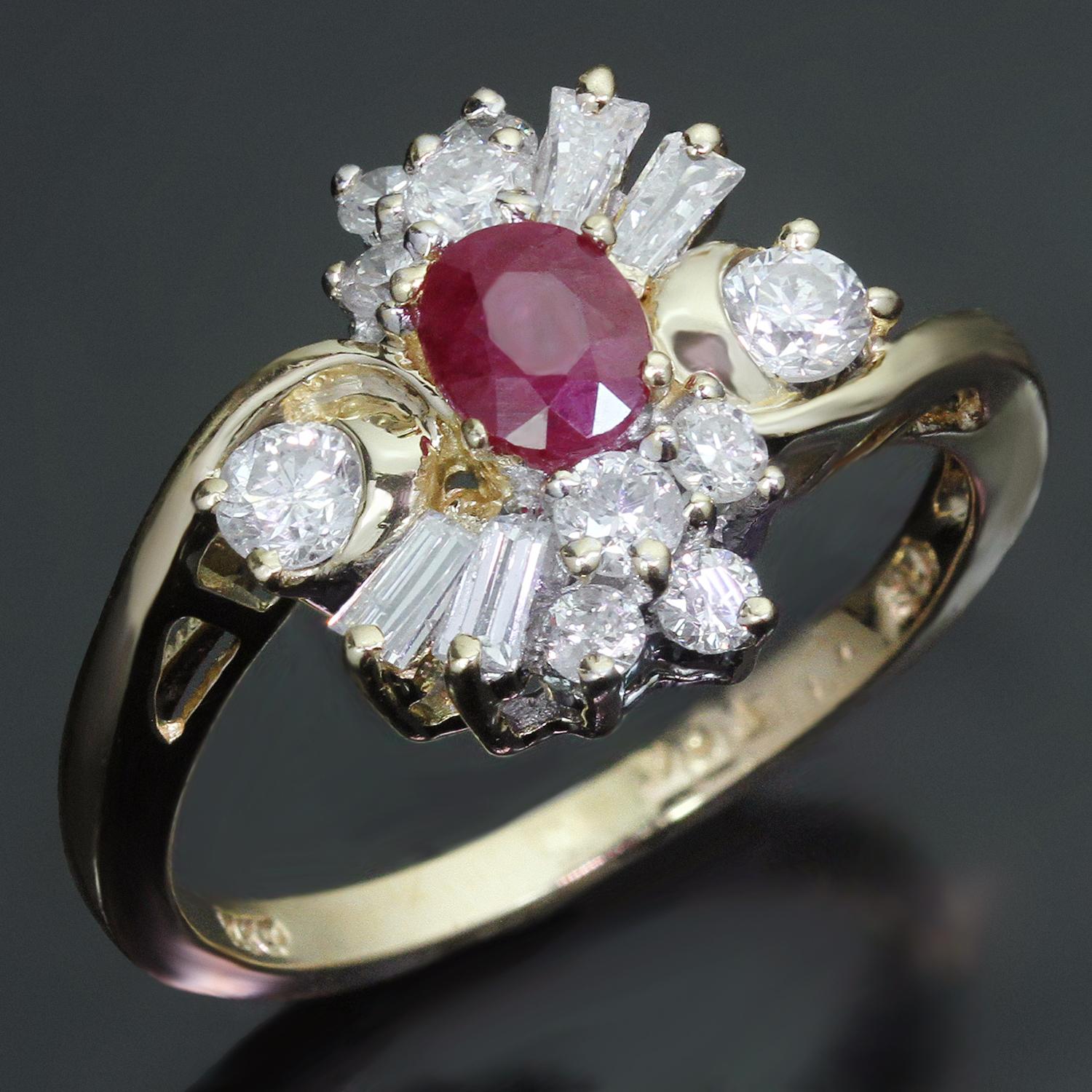 This gorgeous retro women's ring is crafted in 14k yellow gold and features an oval ruby weighing an estimated 0.40 carats, surrounded with round and baguette G-H VS2-SI1 diamonds weighing an estimated 0.79 carats. Made in United States circa 1980s