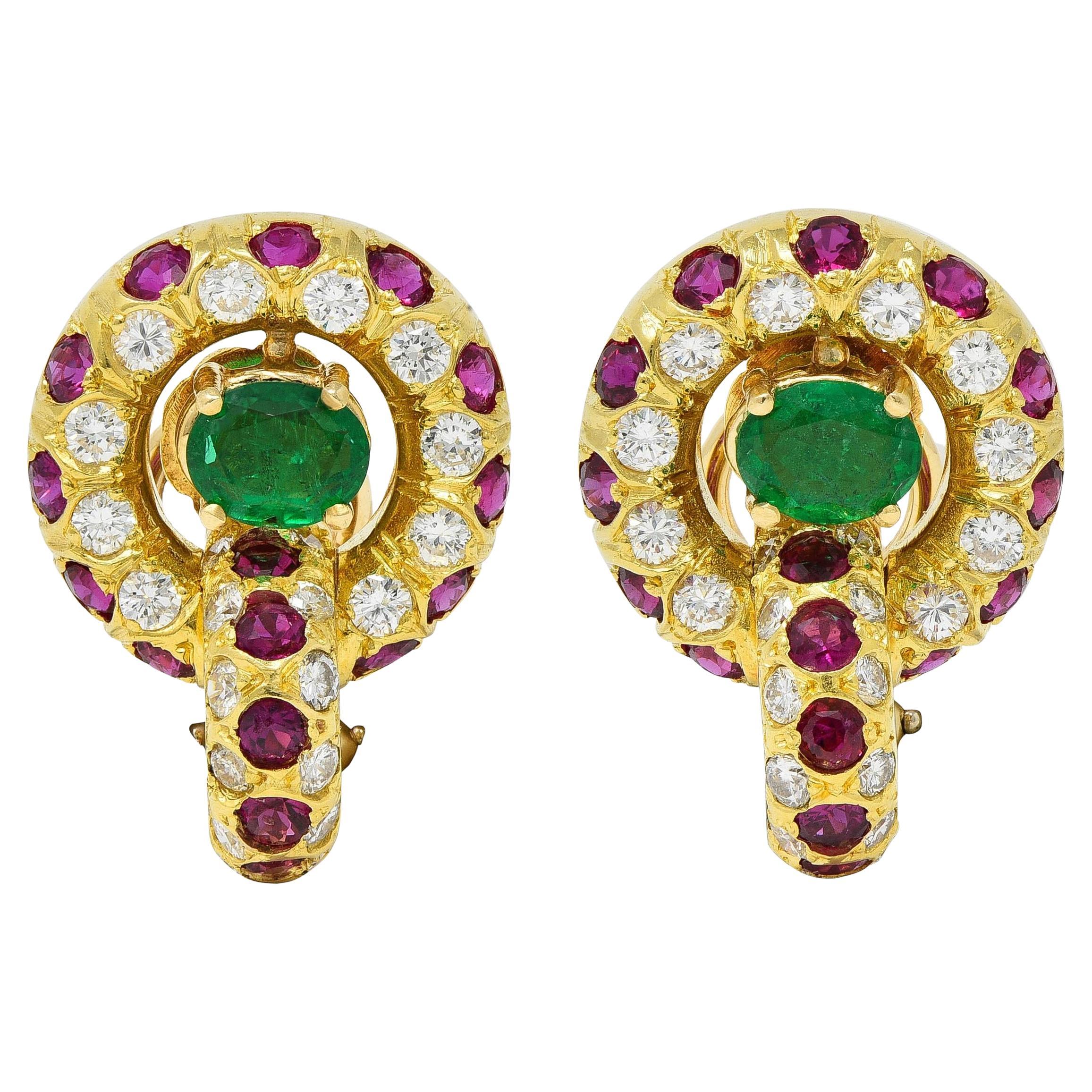 1980's Ruby Emerald Diamond 18K Gold Vintage Door-Knocker Ear-Clip Earrings