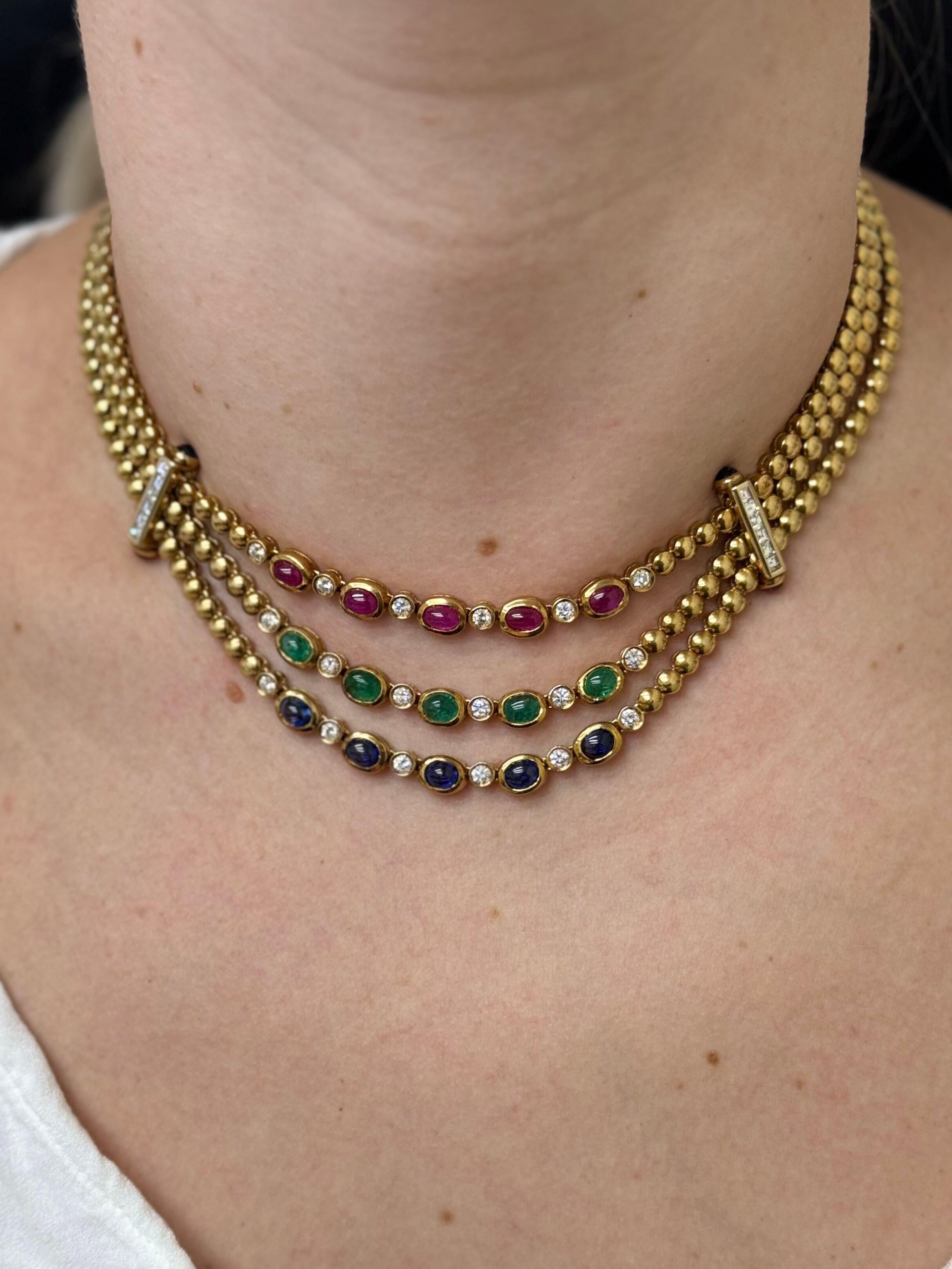 1980s Ruby Emerald Sapphire Diamond Gold Necklace For Sale 3