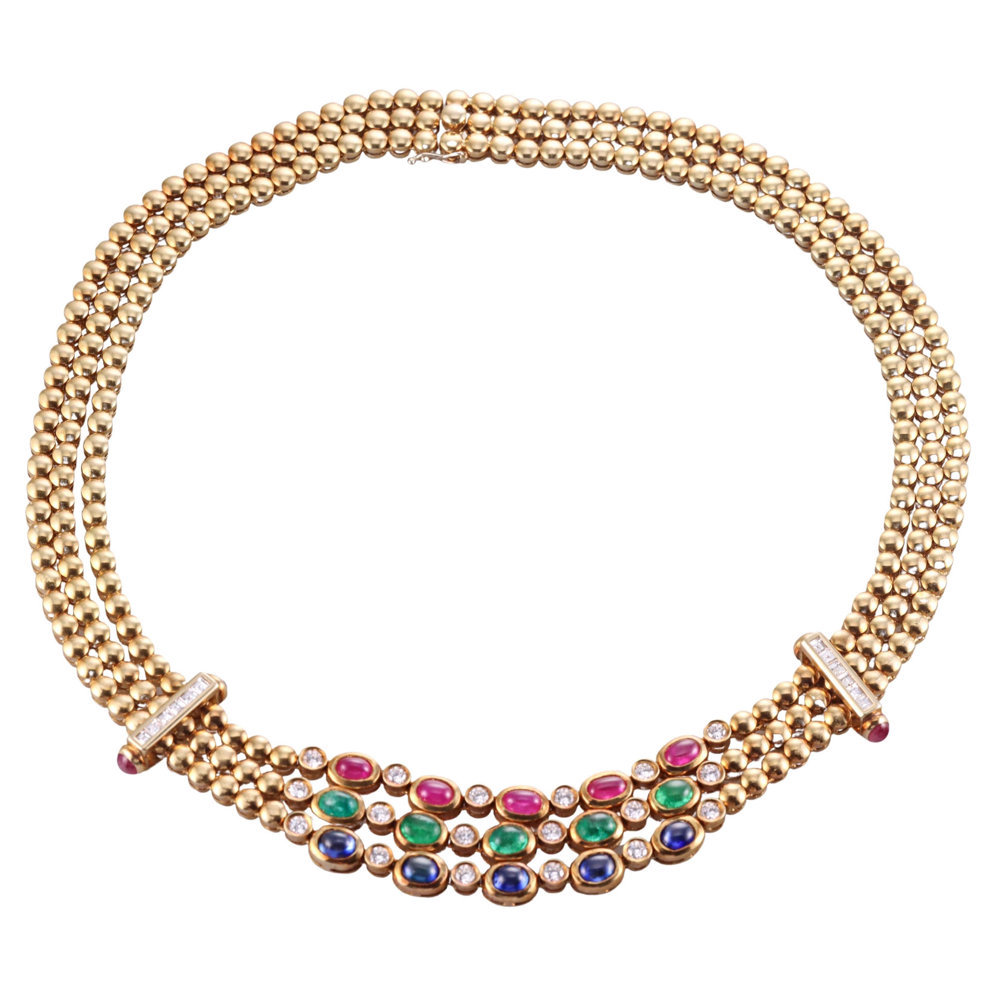 1980s Ruby Emerald Sapphire Diamond Gold Necklace For Sale