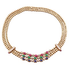 Vintage 1980s Ruby Emerald Sapphire Diamond Gold Necklace