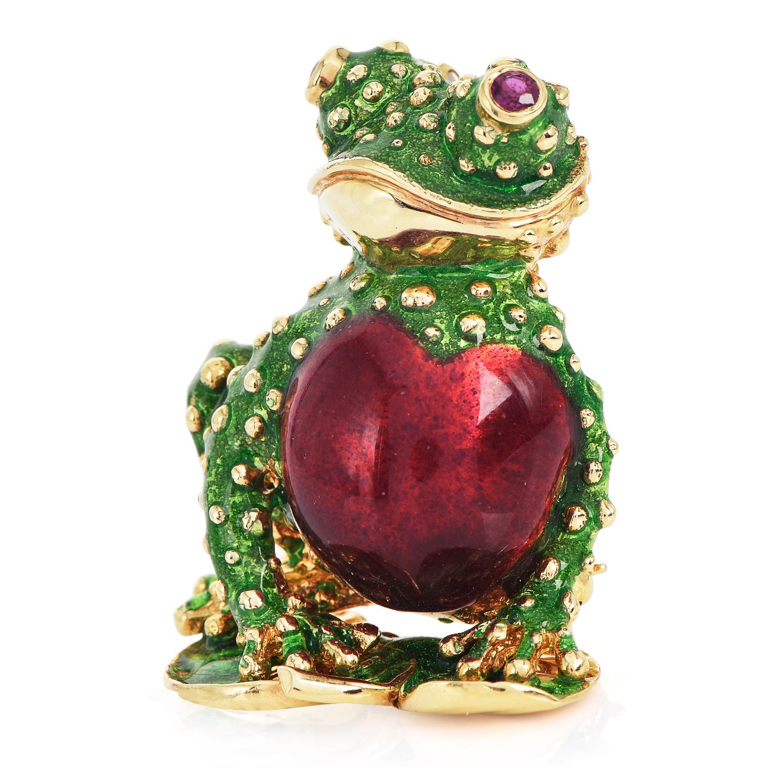 Retro 1980's Ruby Eyes 18K Gold Enamel Heart Love Frog Brooch Pin