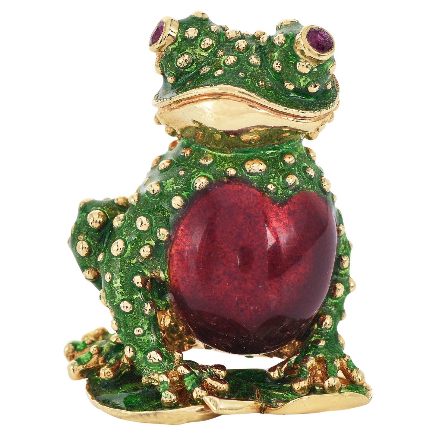 1980's Ruby Eyes 18K Gold Enamel Heart Love Frog Brooch Pin