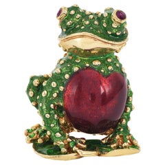 1980's Ruby Eyes 18K Gold Enamel Heart Love Frog Brooch Pin