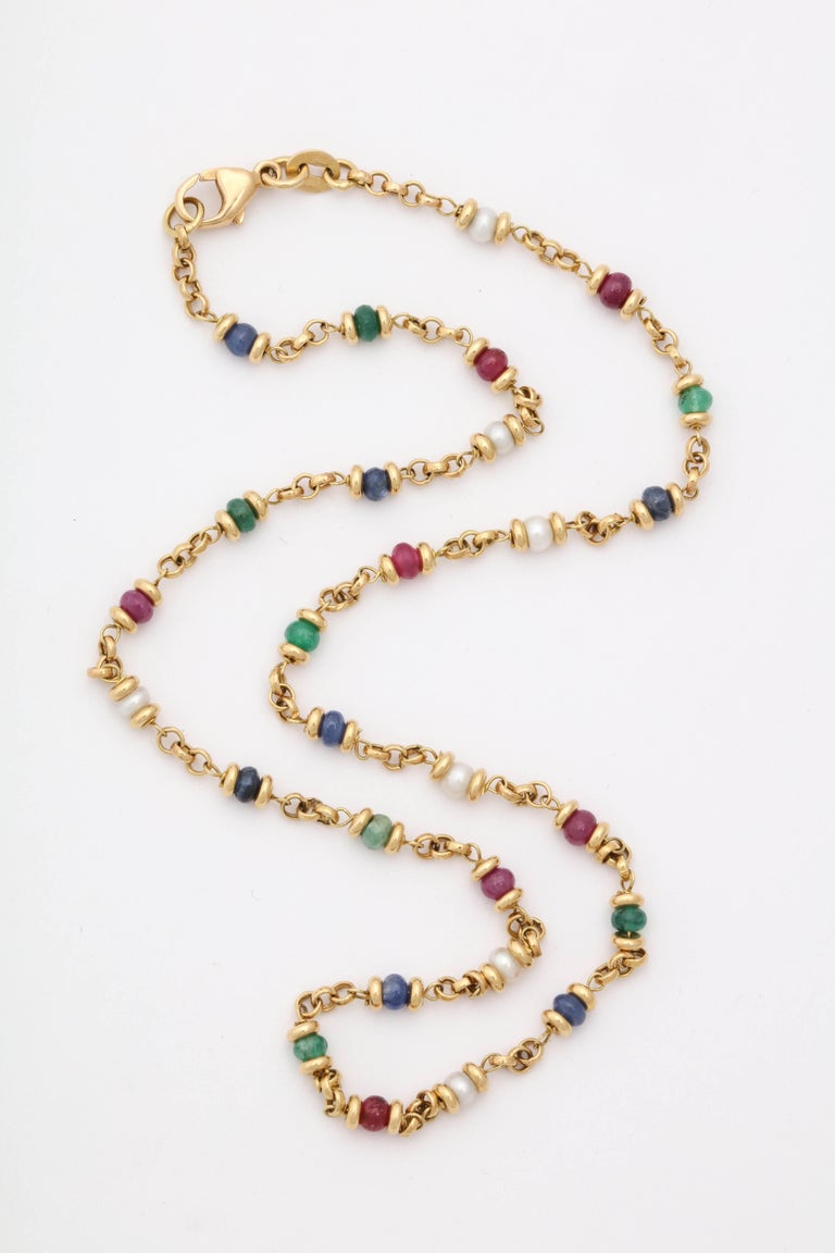 1980s Ruby, Sapphire, Emerald and Pearl Open Link Gold Chain Necklace ...
