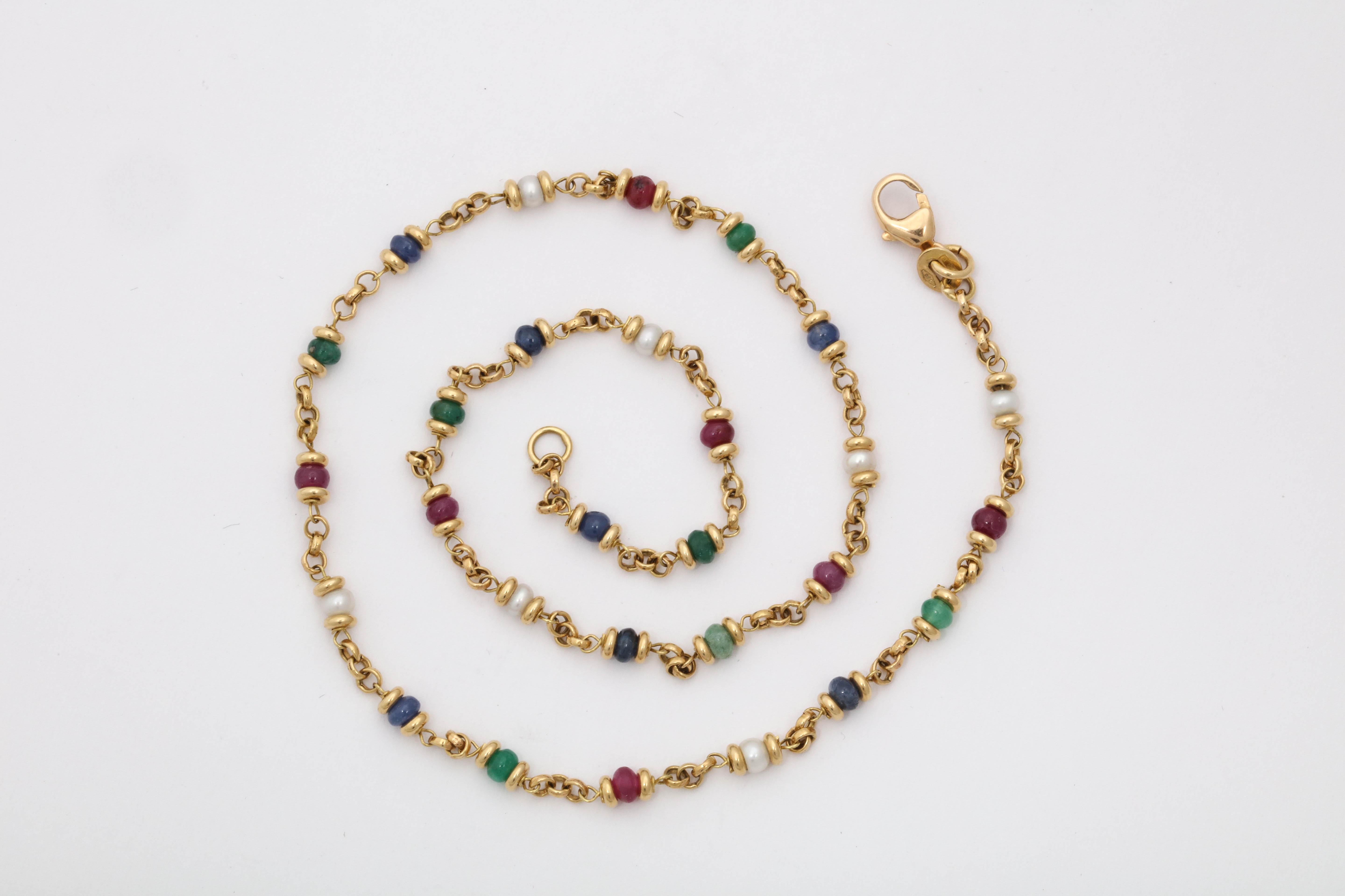 Women's 1980s Ruby, Sapphire, Emerald and Pearl Open Link Gold Chain Necklace