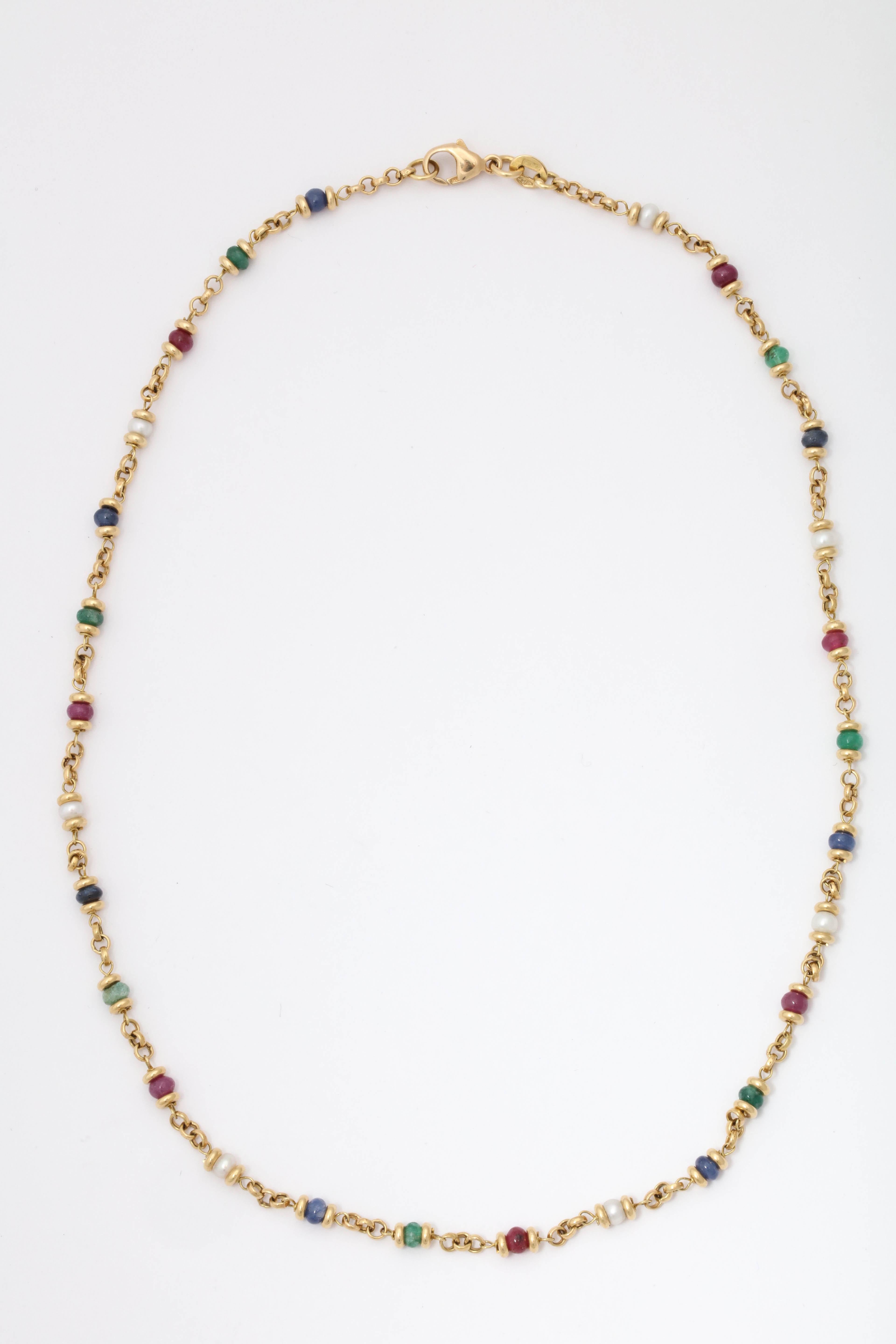 1980s Ruby, Sapphire, Emerald and Pearl Open Link Gold Chain Necklace 2