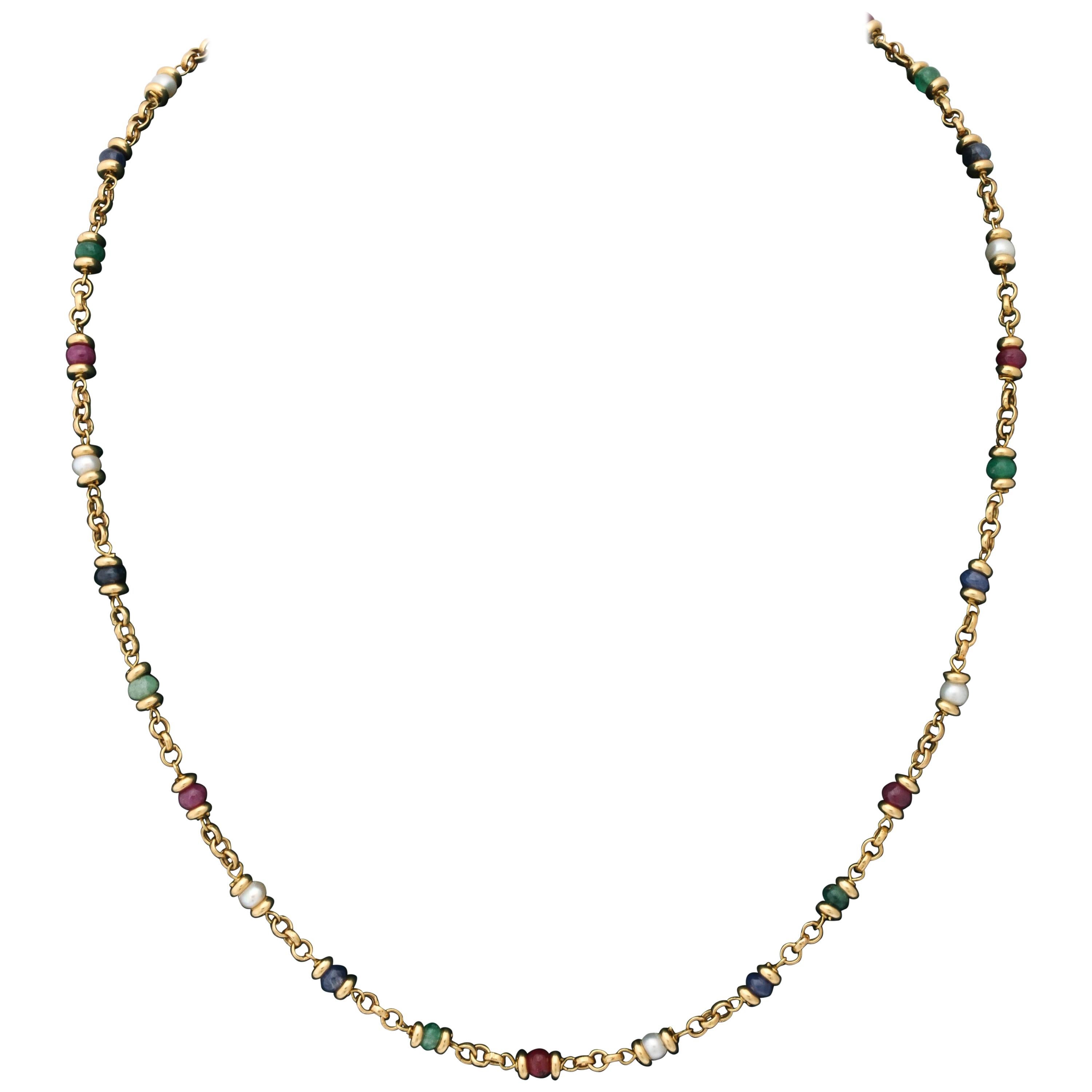1980s Ruby, Sapphire, Emerald and Pearl Open Link Gold Chain Necklace