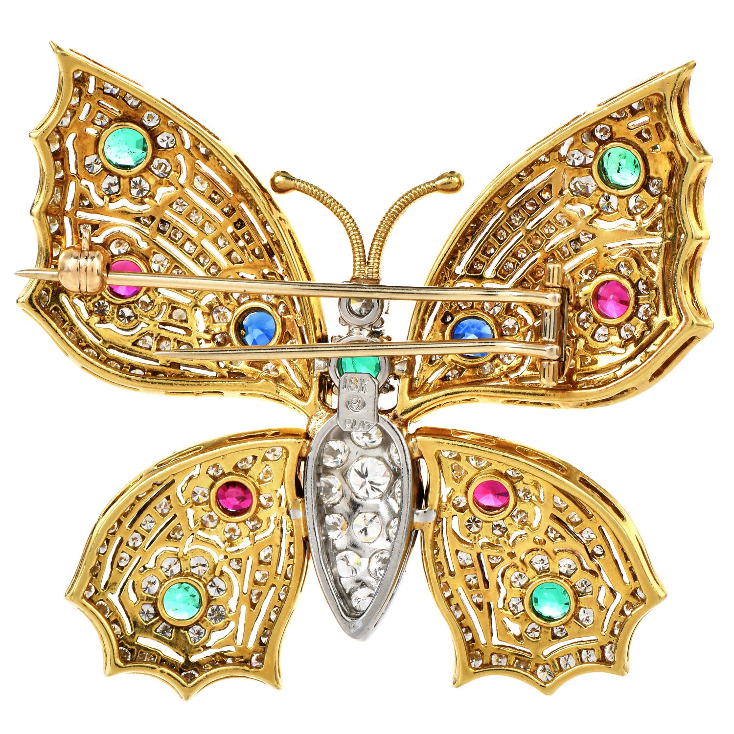 Retro 1980's Ruby Sapphire Emerald Diamond 18K Gold Platinum Butterfly  Brooch Pin