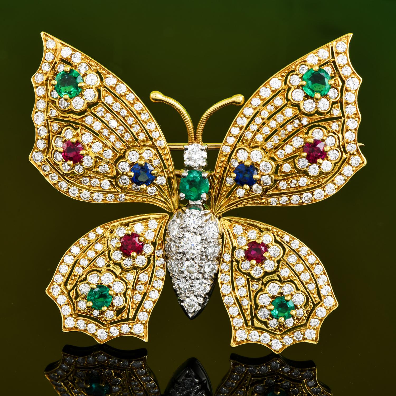 Round Cut 1980's Ruby Sapphire Emerald Diamond 18K Gold Platinum Butterfly  Brooch Pin