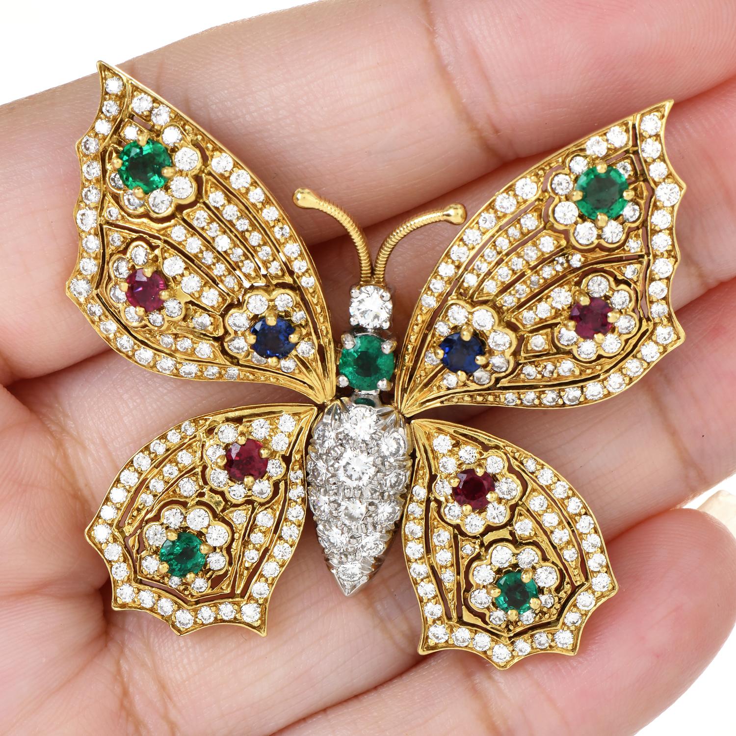 1980's Ruby Sapphire Emerald Diamond 18K Gold Platinum Butterfly  Brooch Pin In Excellent Condition In Miami, FL