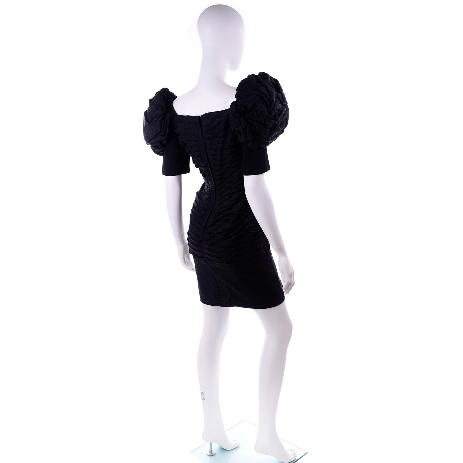 1980s Ruched Vintage Silk Cocktail Evening Dress In Tonal Black Polka Dots 2