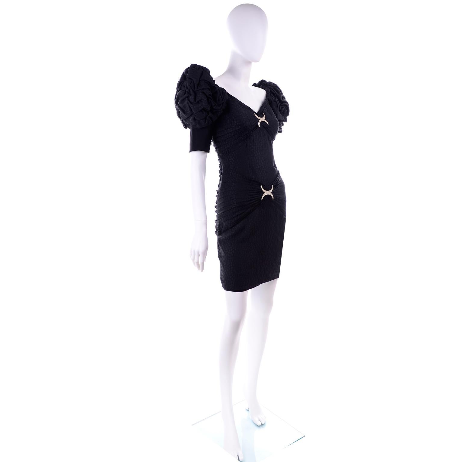 1980s Ruched Vintage Silk Cocktail Evening Dress In Tonal Black Polka Dots 3