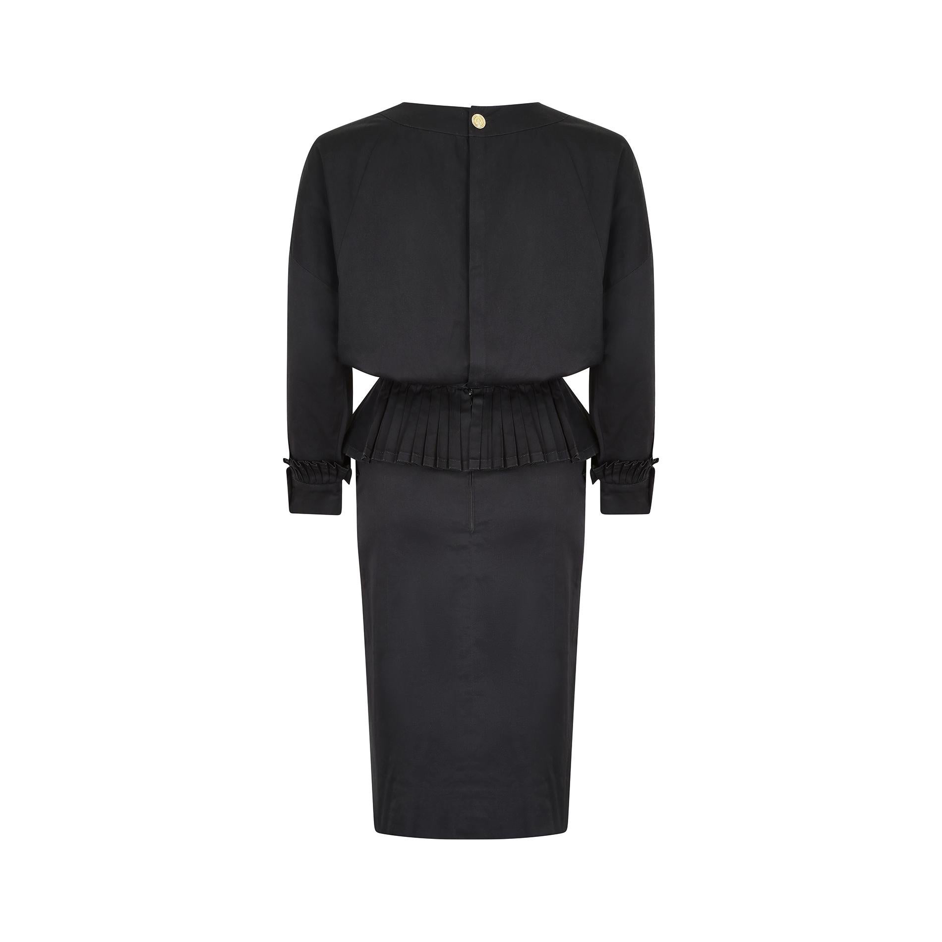 1986 Runway Chanel Black Cotton Peplum Dress In Excellent Condition For Sale In London, GB