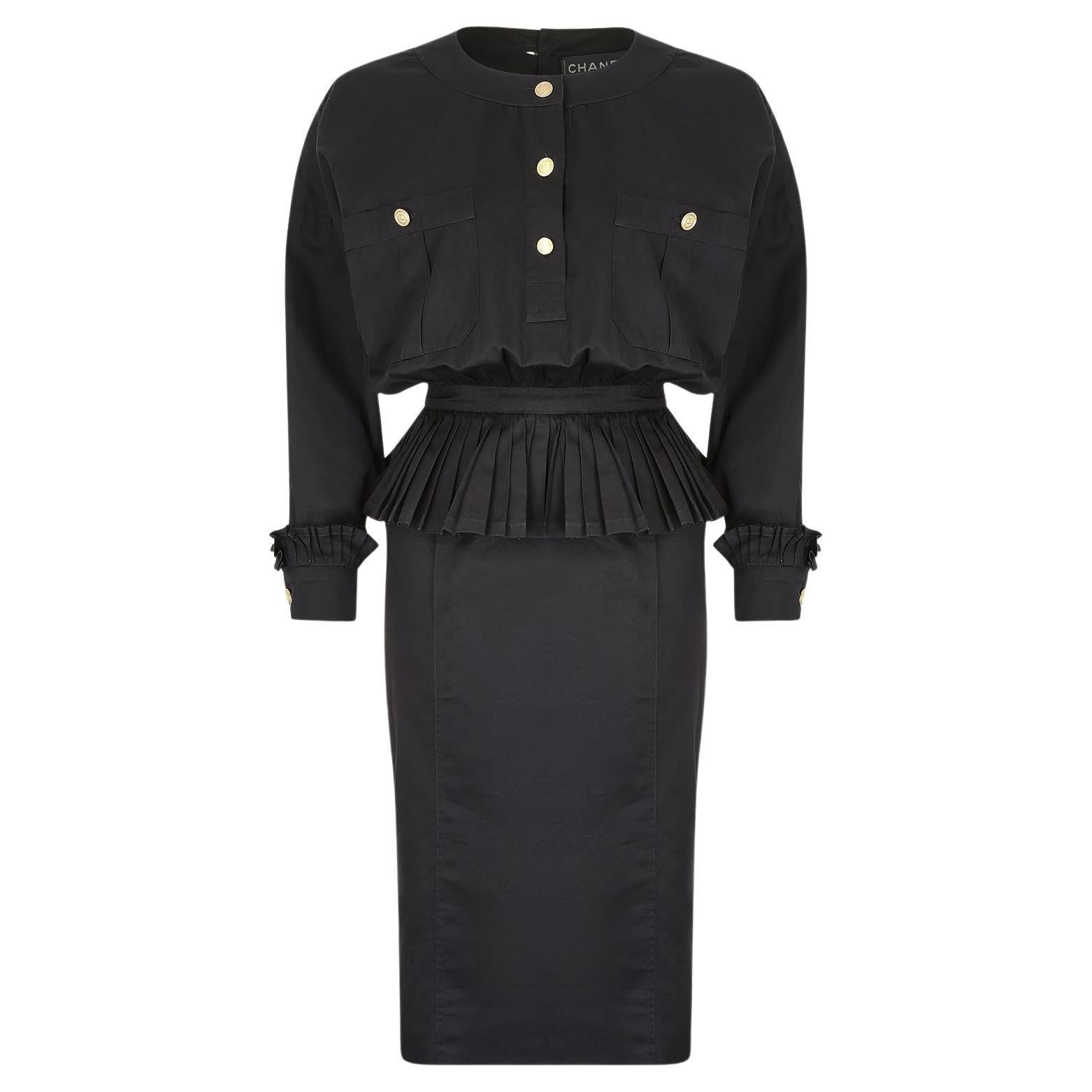 1986 Runway Chanel Black Cotton Peplum Dress For Sale