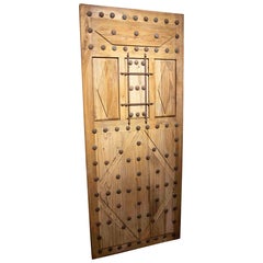 Vintage 1980s Rustic Elm Wood Door with Nails and Decorative Grille