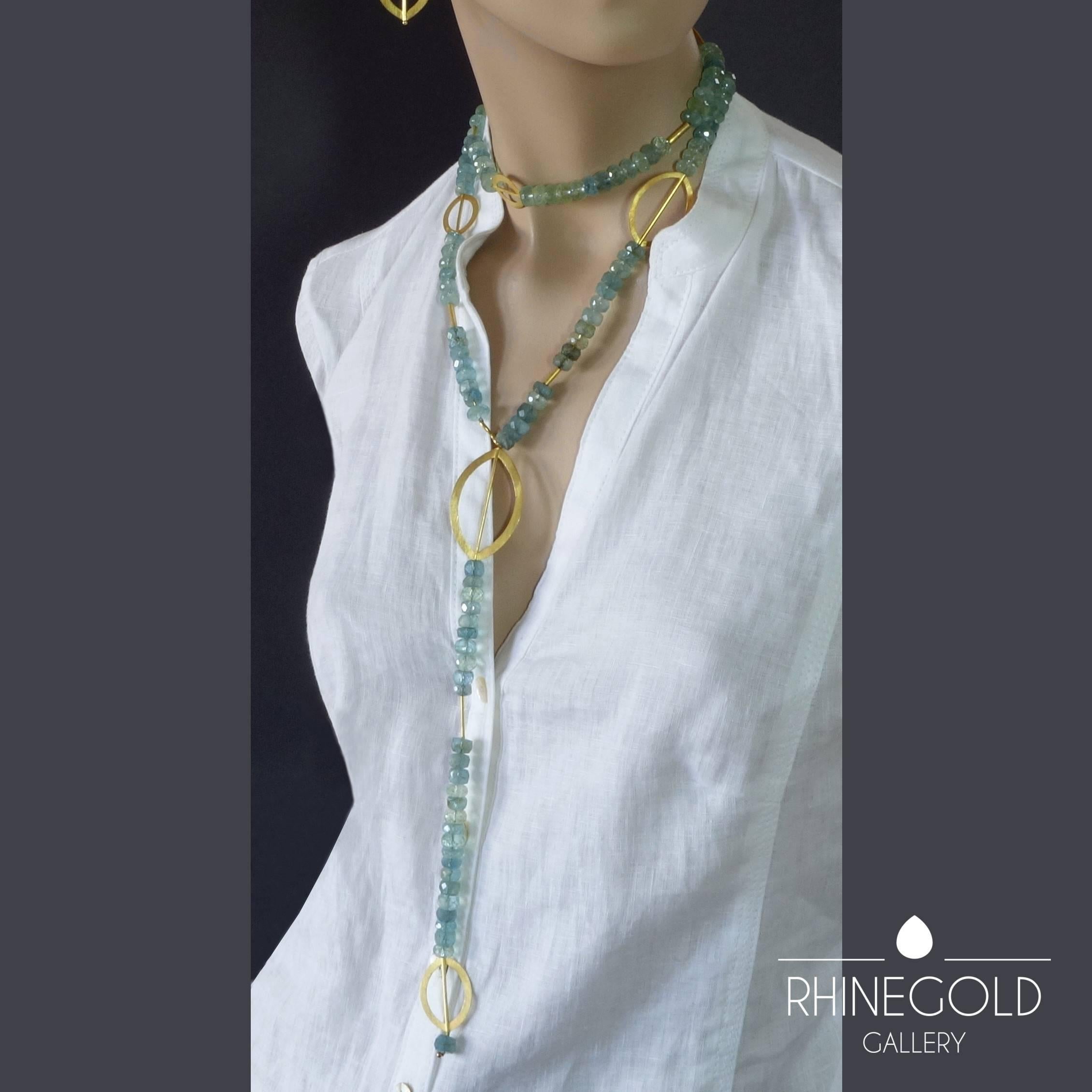 1980s Sabine Strobel Post-Modernist Aquamarine Gold Long Chain Necklace Sautoir In Excellent Condition In Dusseldorf, NRW